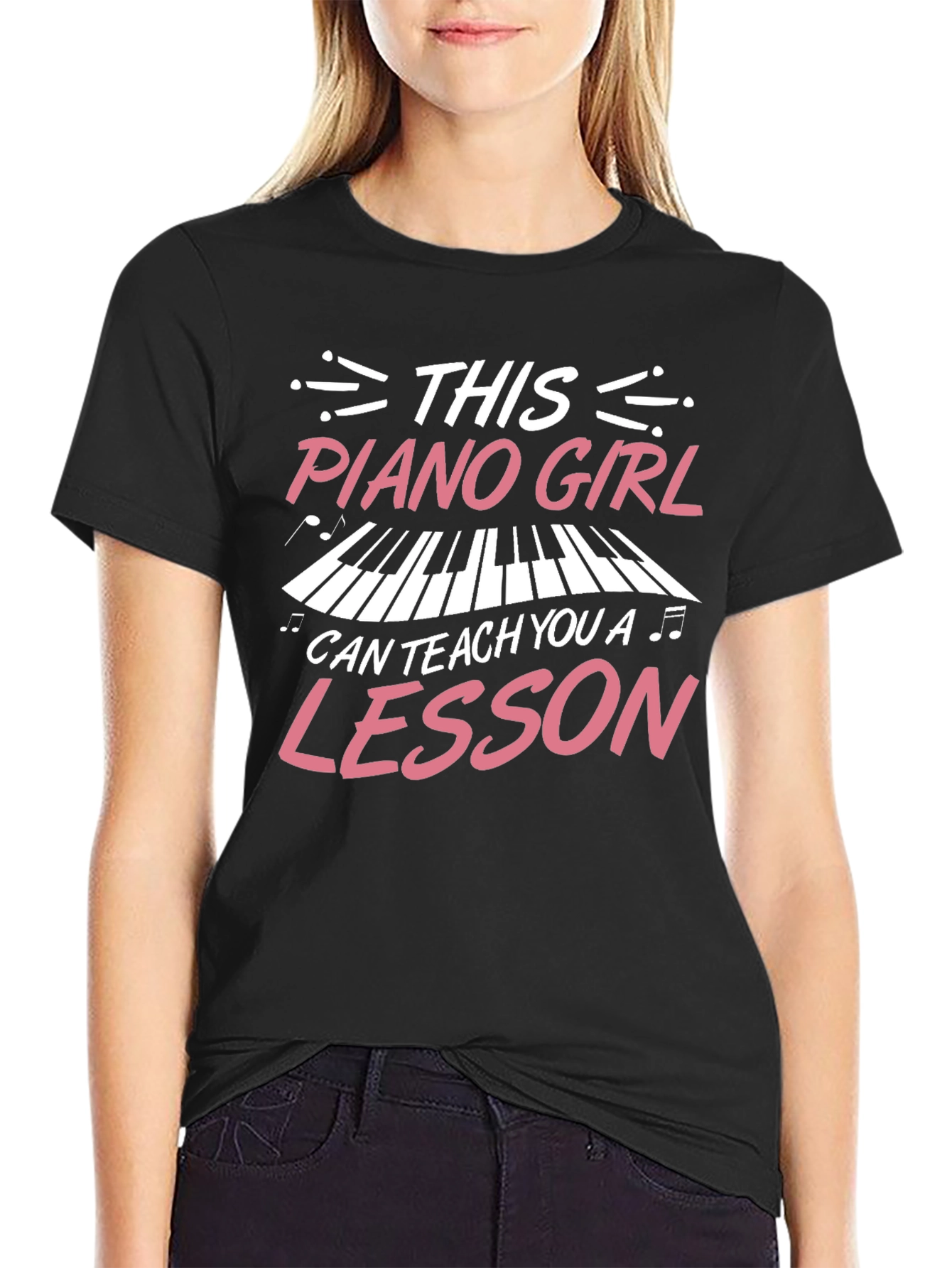 Black Piano Girl Teacher T-Shirt - Music Lesson Gift view 2