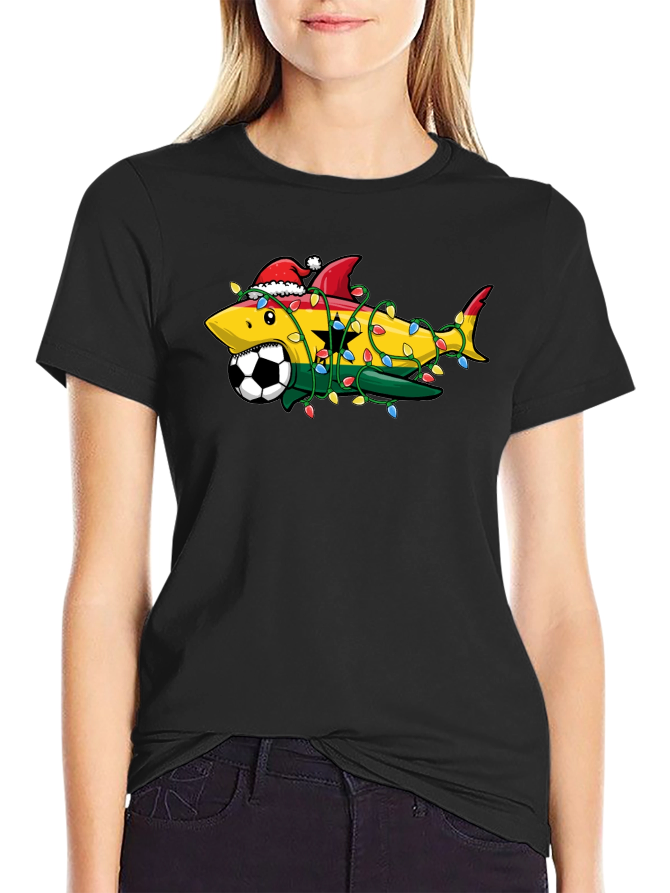 Black Ghana Shark Soccer Christmas T-Shirt view 2