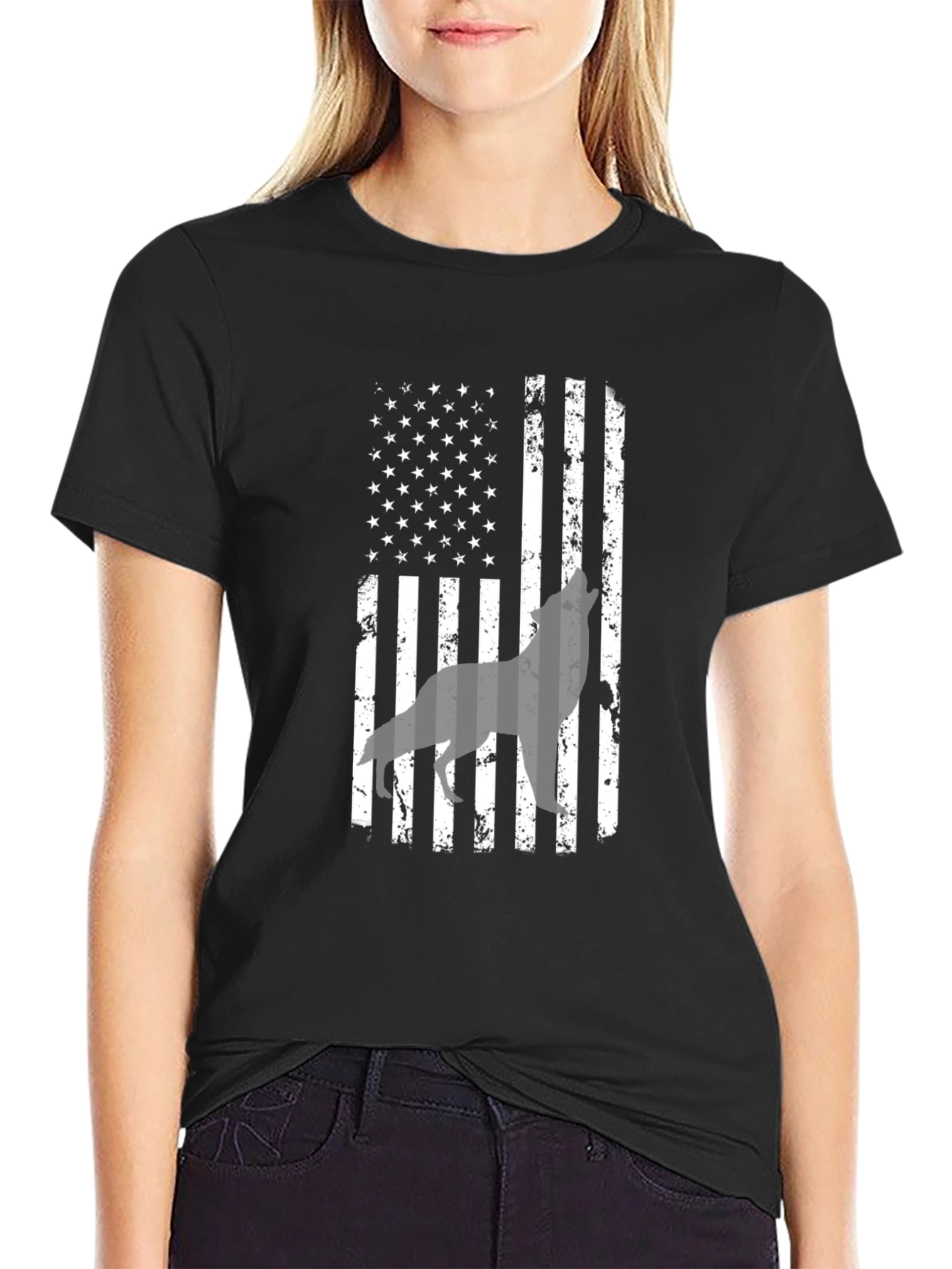 Black American Flag Wolf Graphic Print Men's T-Shirt view 2