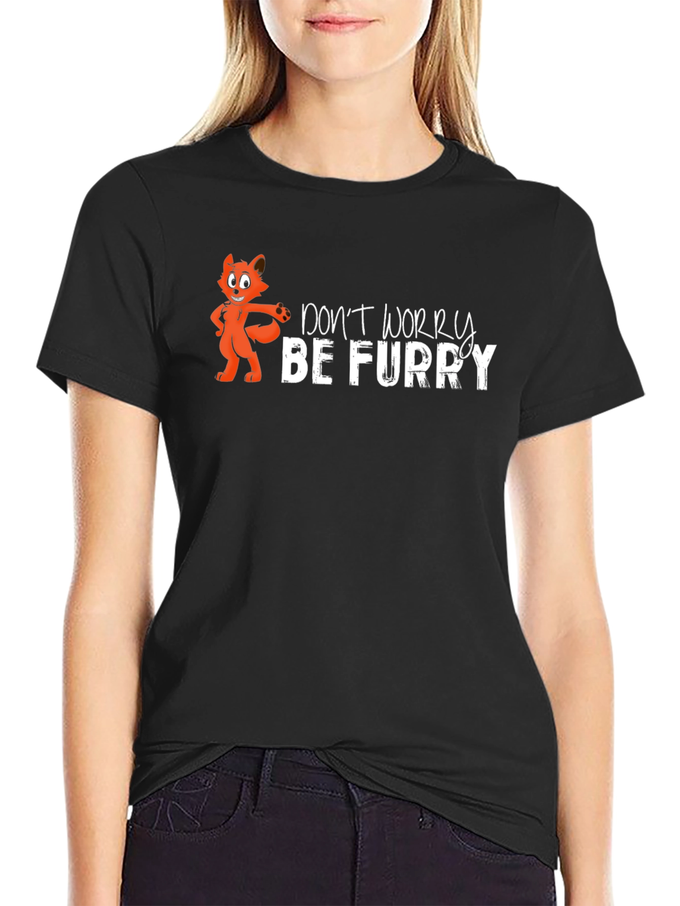 Black Don't Worry Be Furry Black T-Shirt view 2