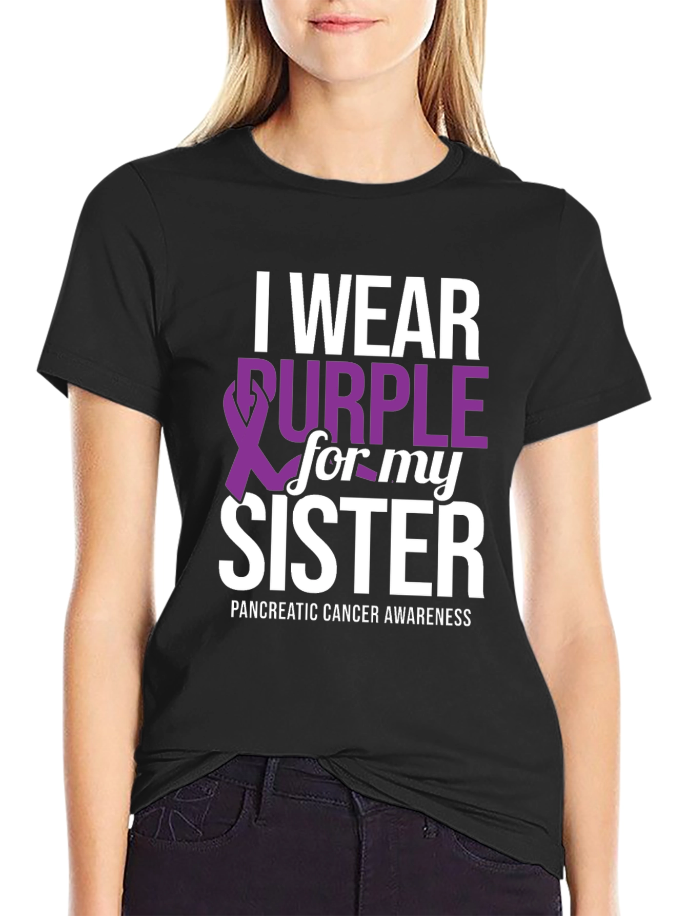 Black I Wear Purple for My Sister T-Shirt - Pancreatic Cancer Awareness view 2