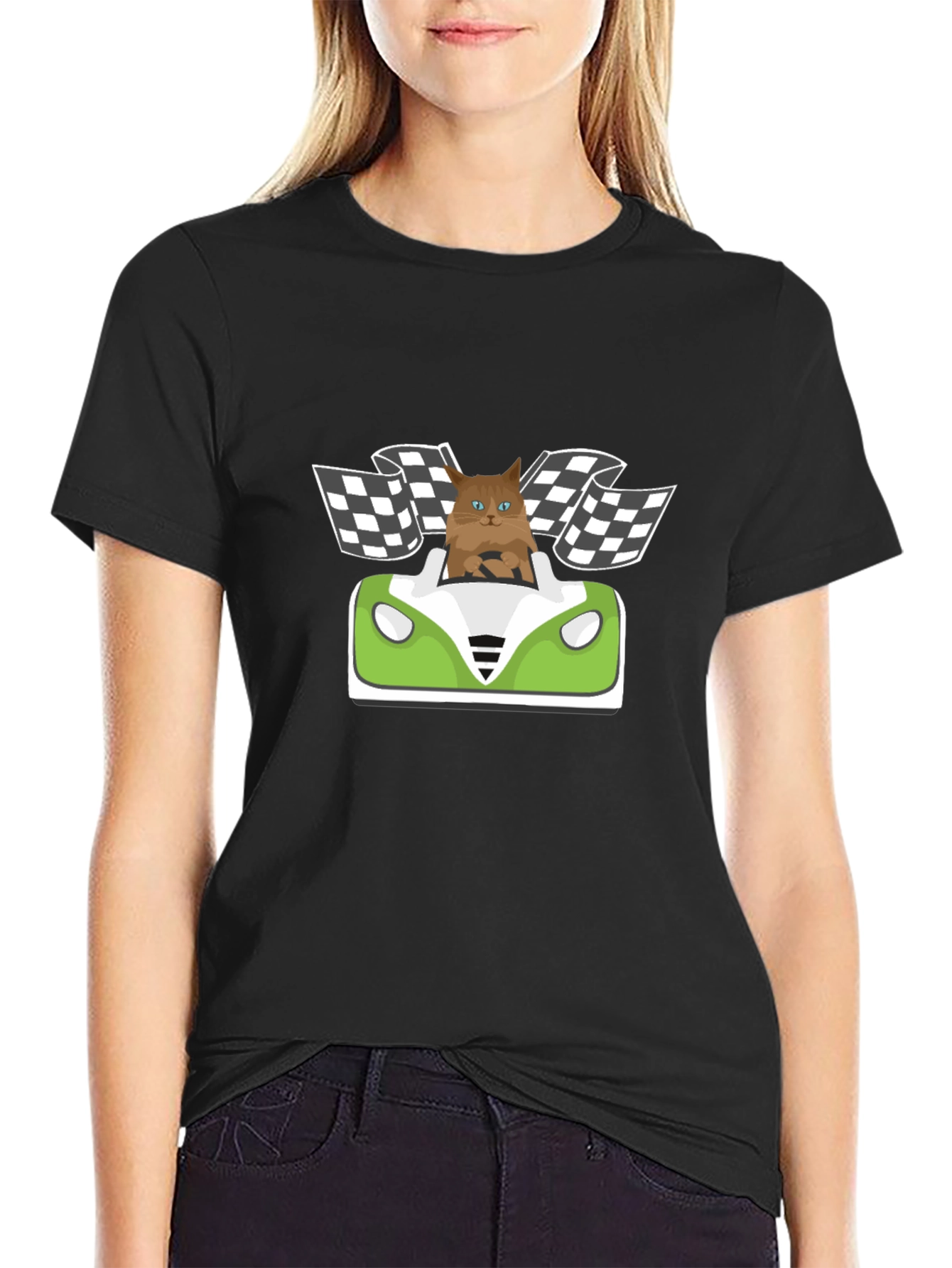 Black Cat Racer T-Shirt: Funny Cartoon Cat Driving view 2