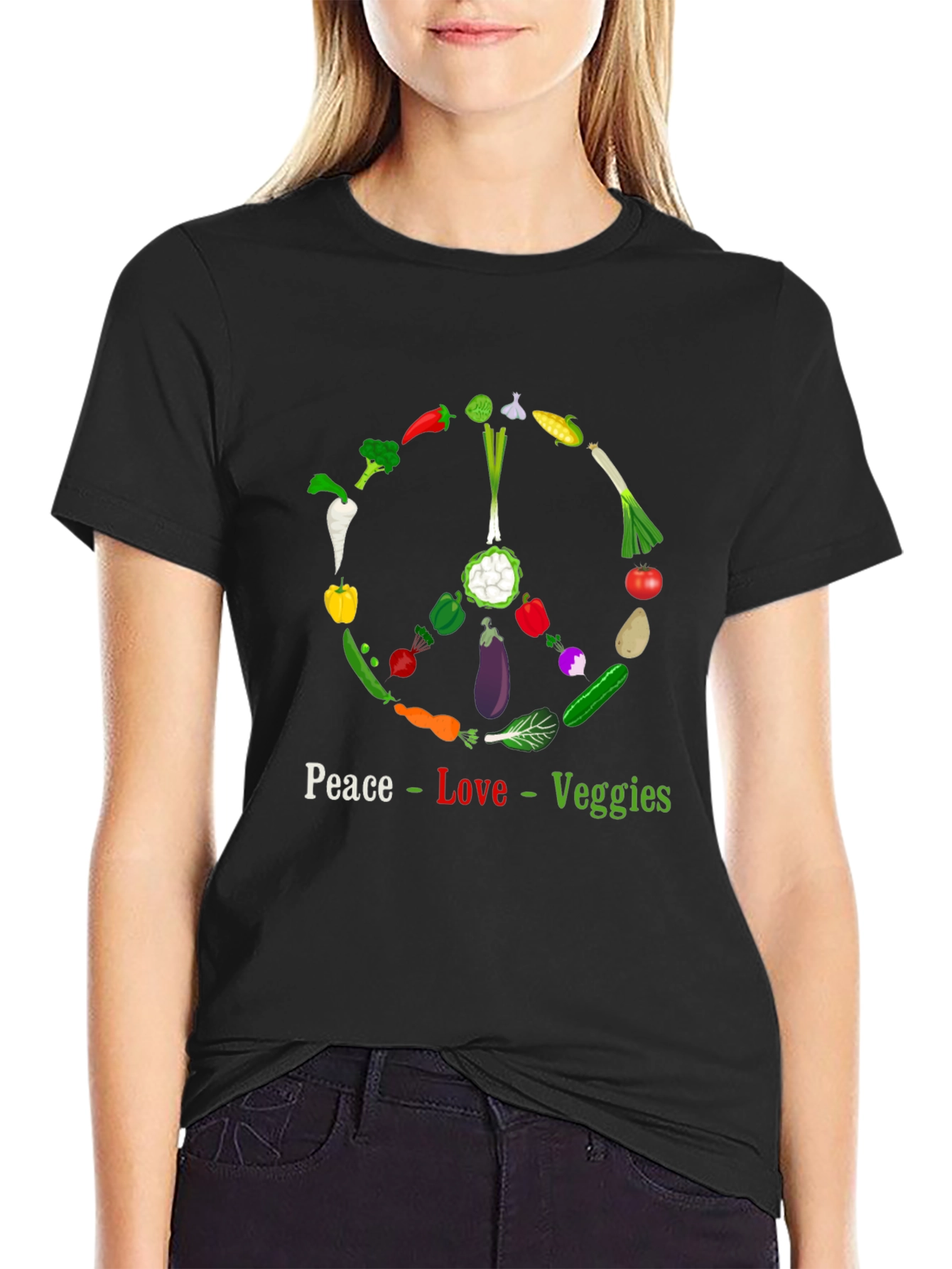 Black Peace Love Veggies T-Shirt - Vegetarian Vegan Apparel view 2