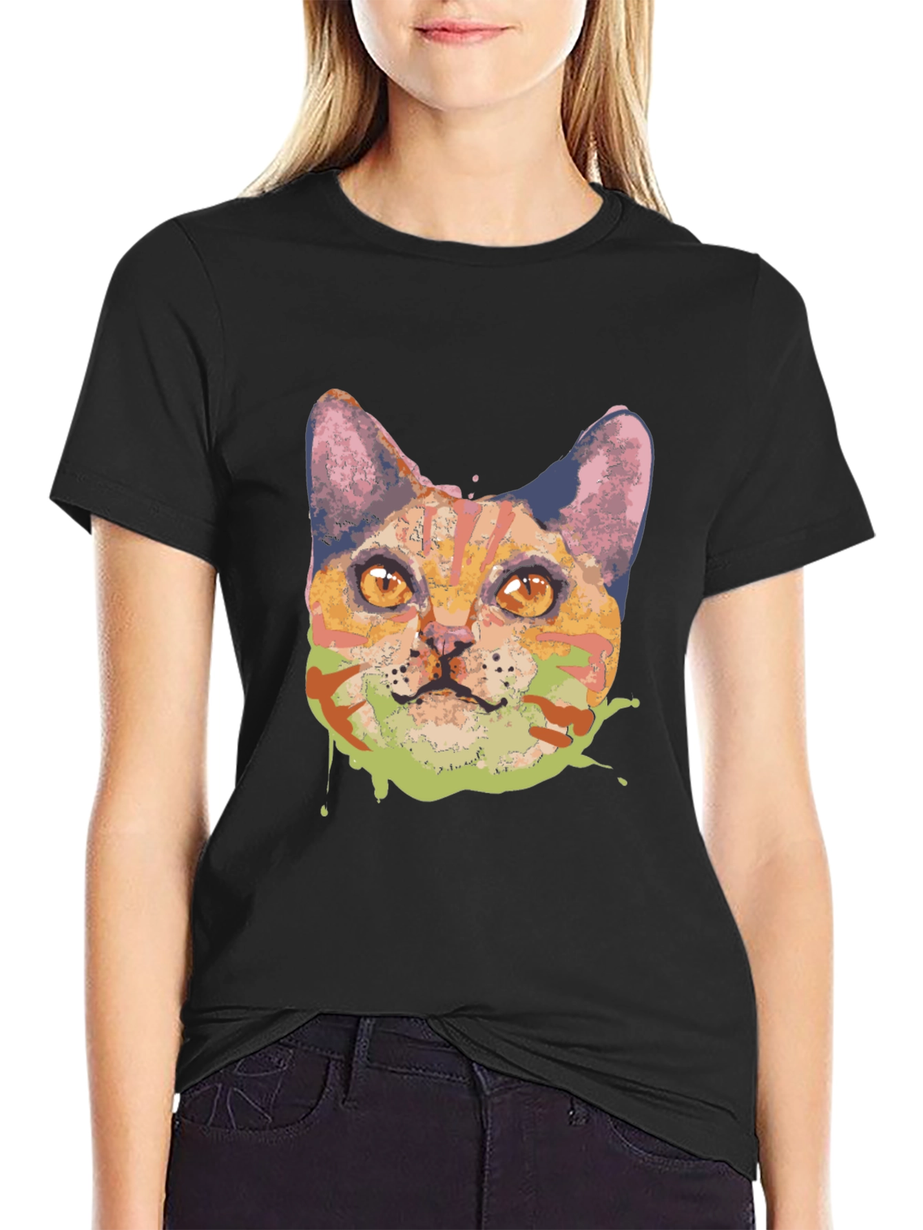 Black Abstract Cat Graphic Tee - Black view 2