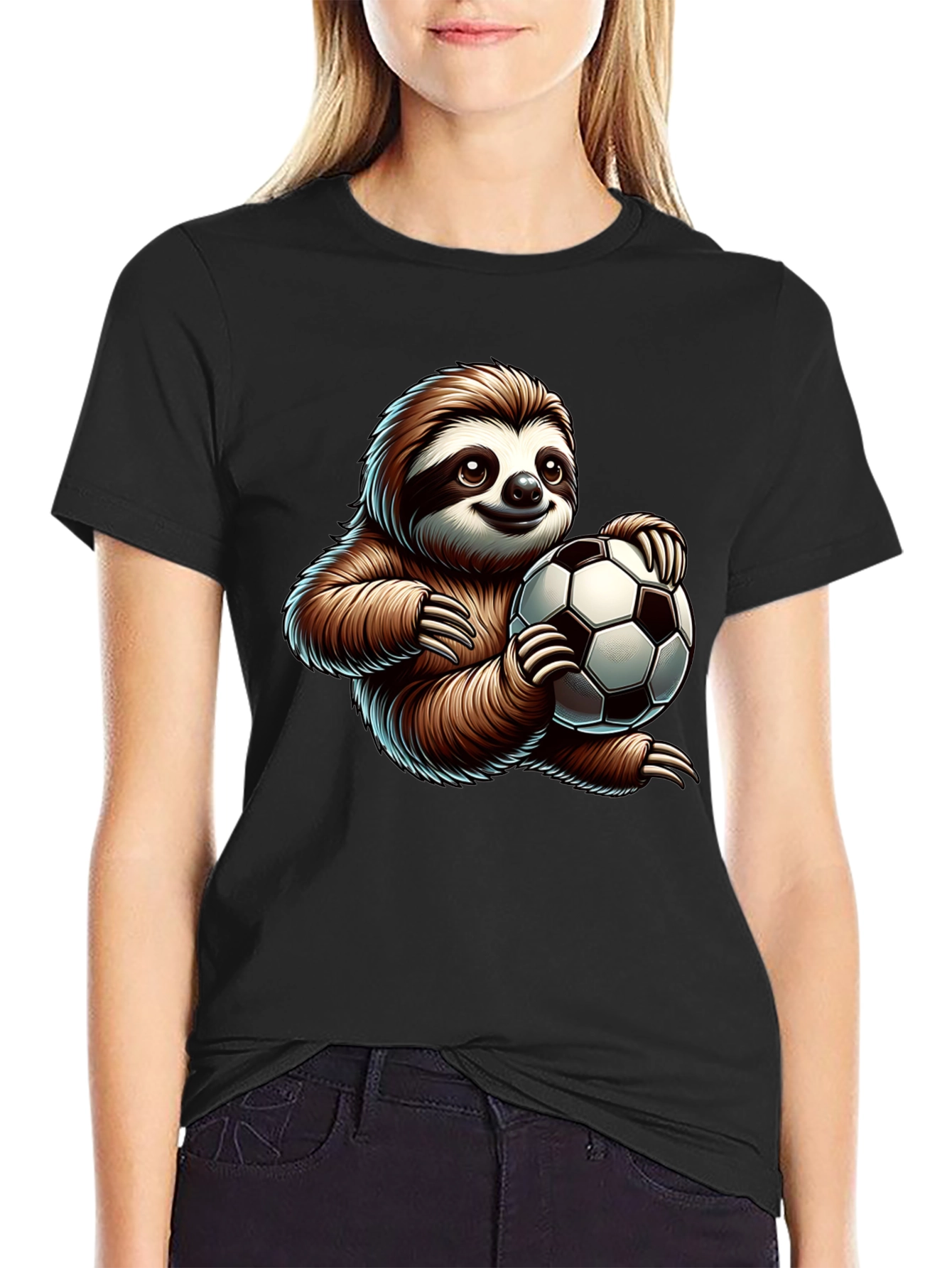 Black Sloth Soccer Fan T-Shirt - Cute Cartoon Design view 2