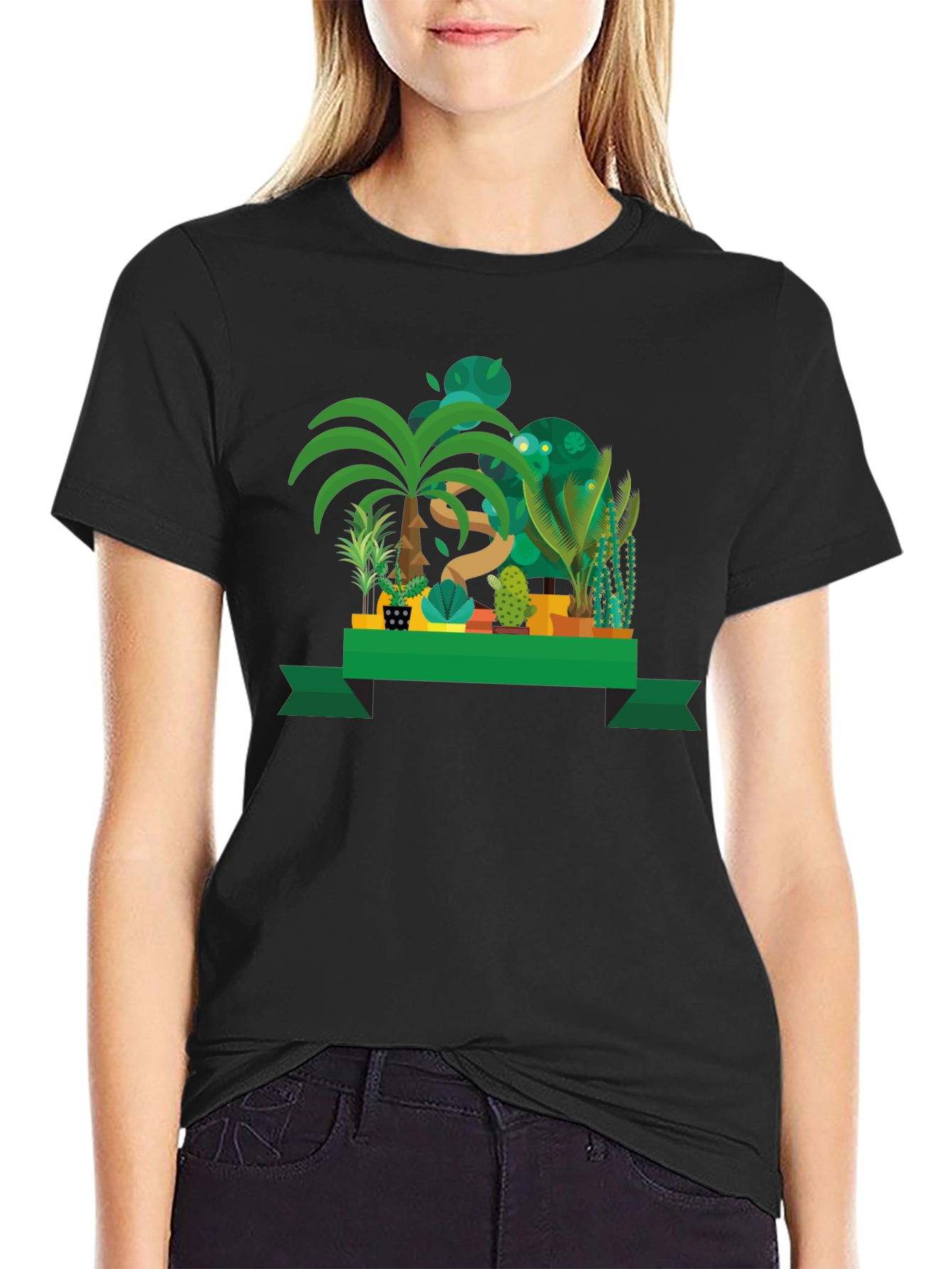 Black Tropical Plant Graphic Black T-Shirt view 2