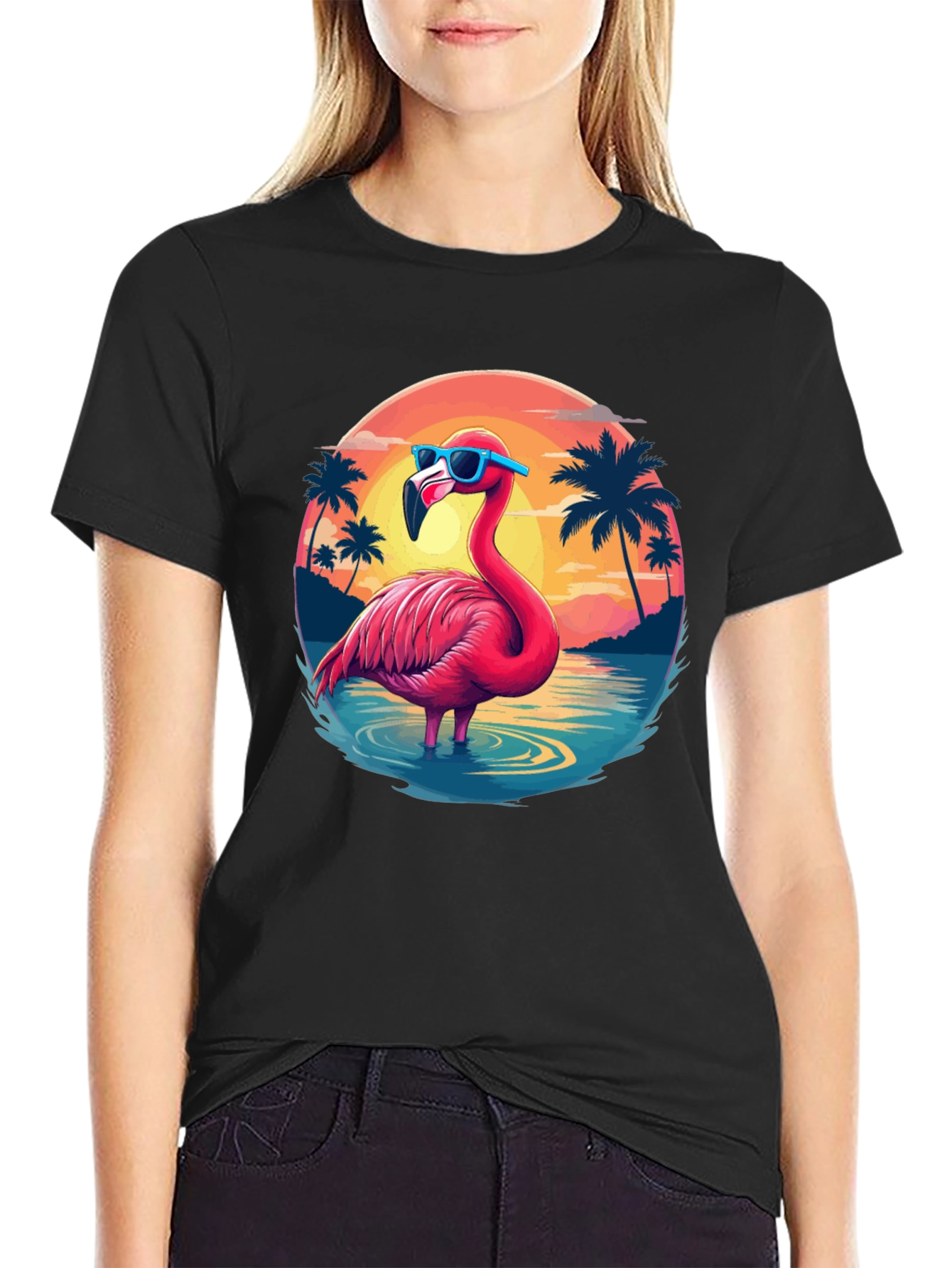 Black Tropical Flamingo T-Shirt - Summer Vibes view 2