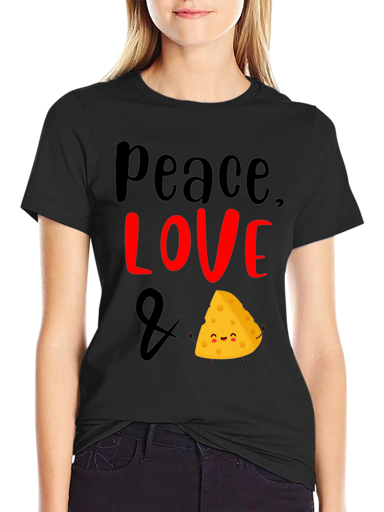 Black Peace Love & Cheese Funny Graphic T-Shirt view 2