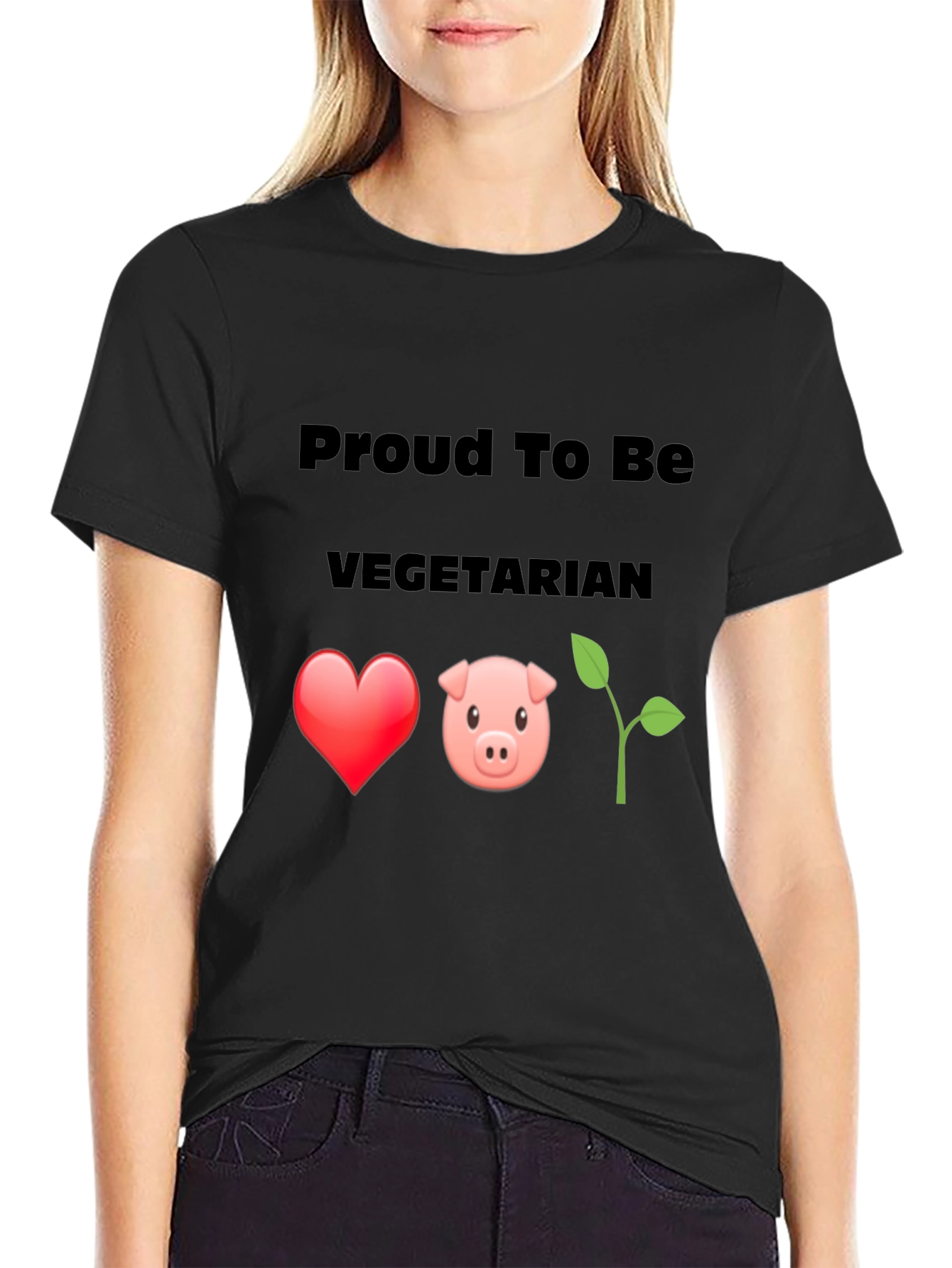 Black Proud Vegetarian Graphic Tee - Heart Pig Plant Design view 2