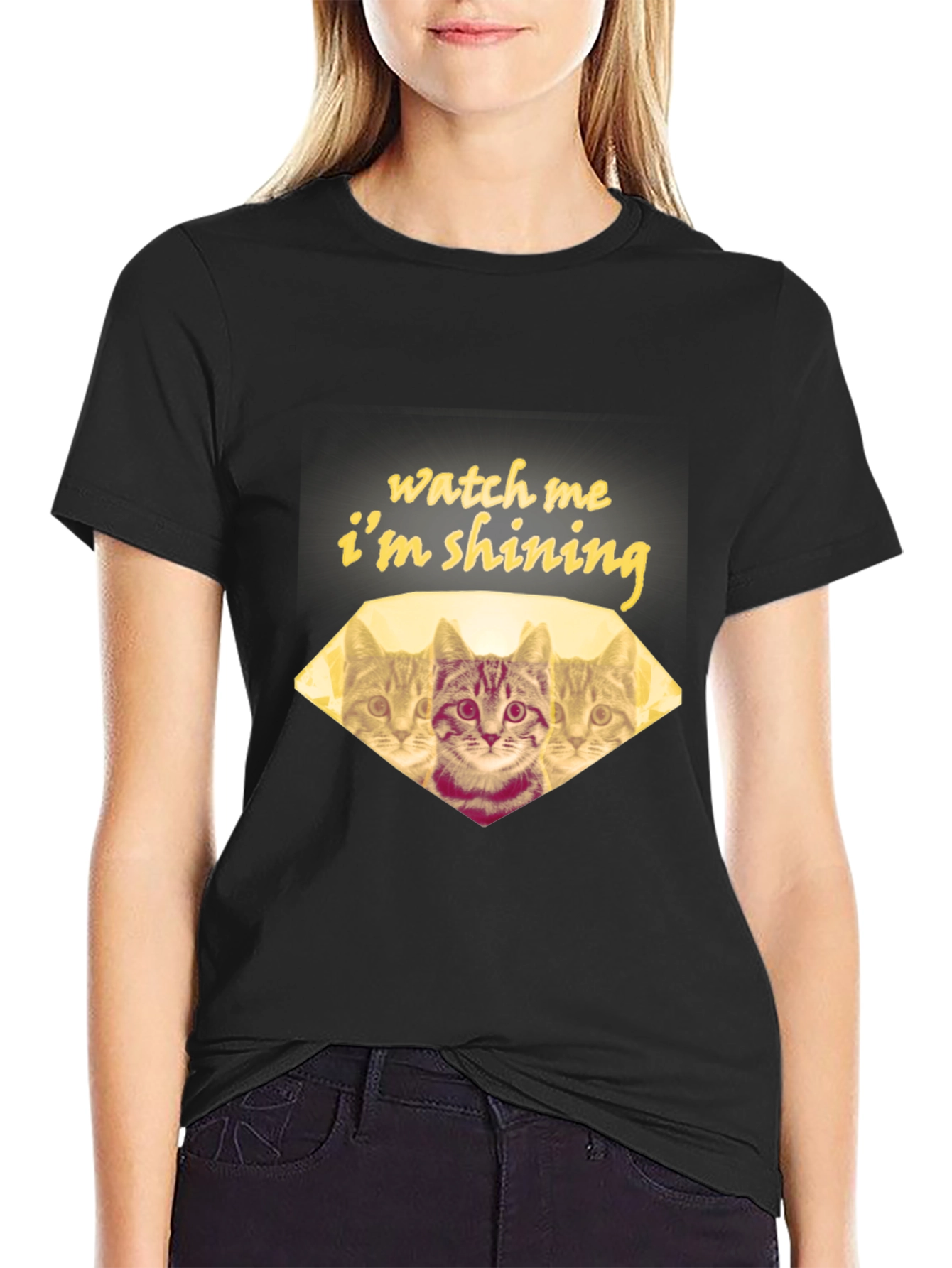 Black Watch Me I'm Shining Cat T-Shirt - Unisex Black Tee view 2