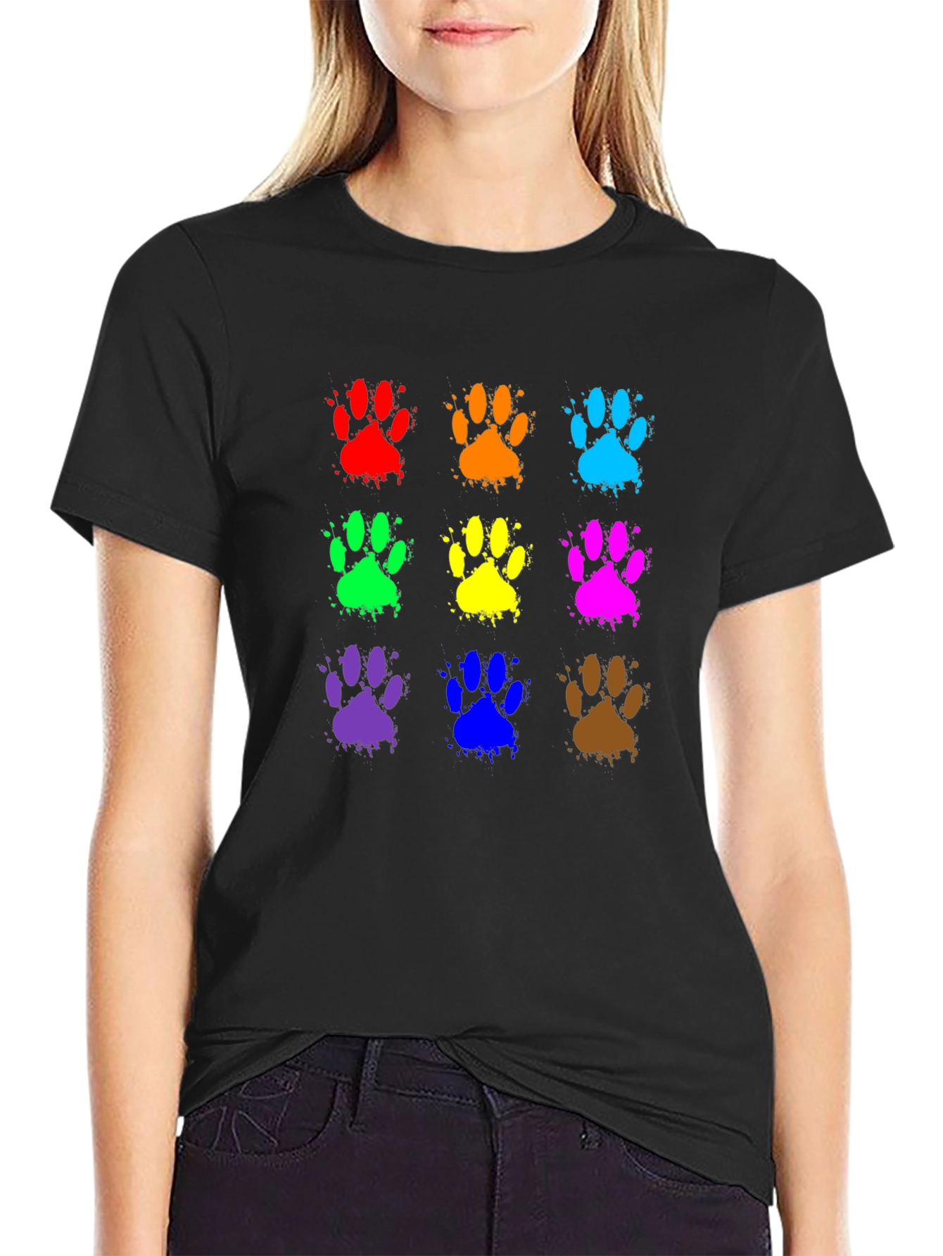 Black Colorful Paw Print T-Shirt - Fun Animal Lover Tee view 2