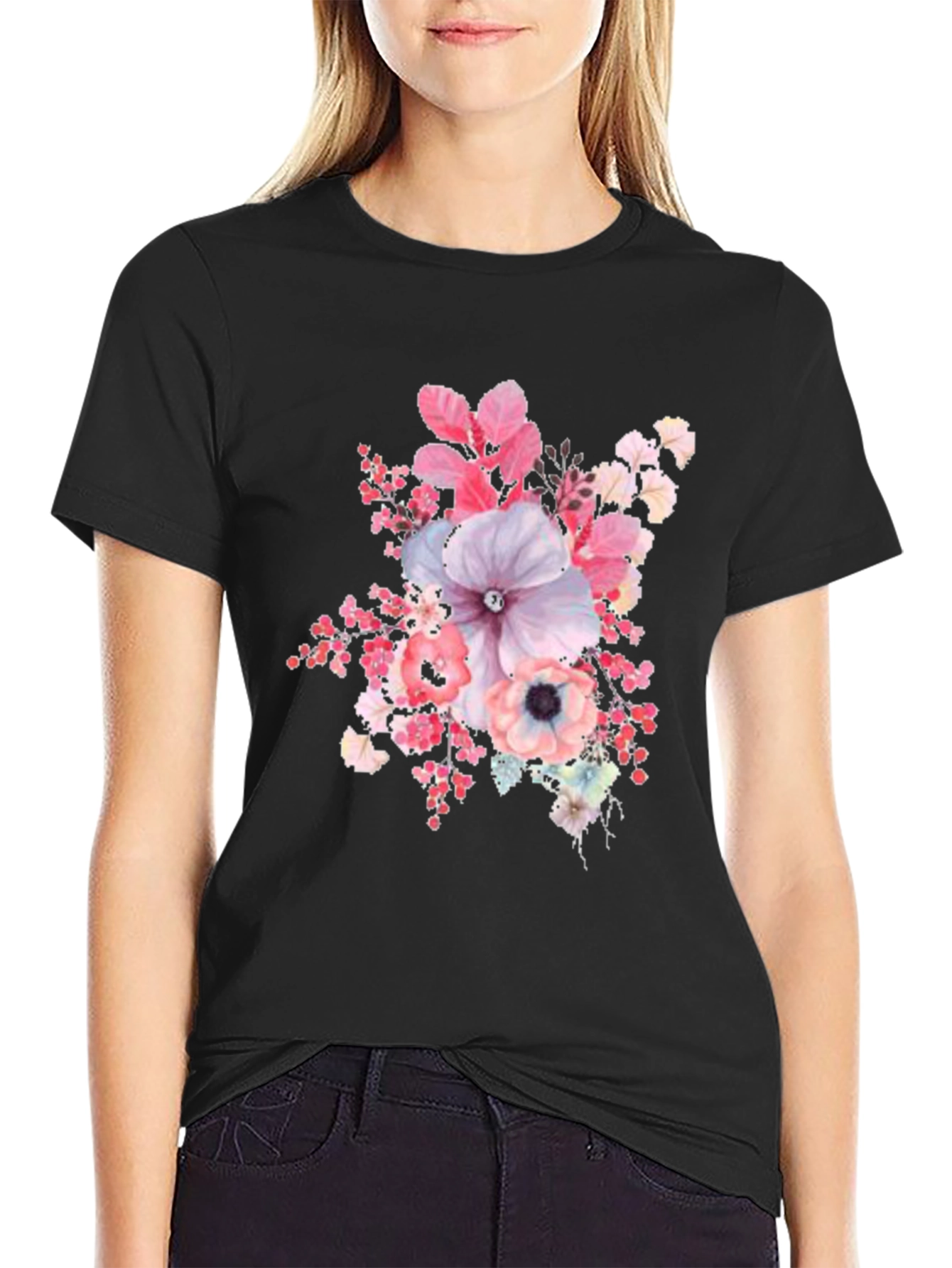 Black Floral Print Black T-Shirt view 2