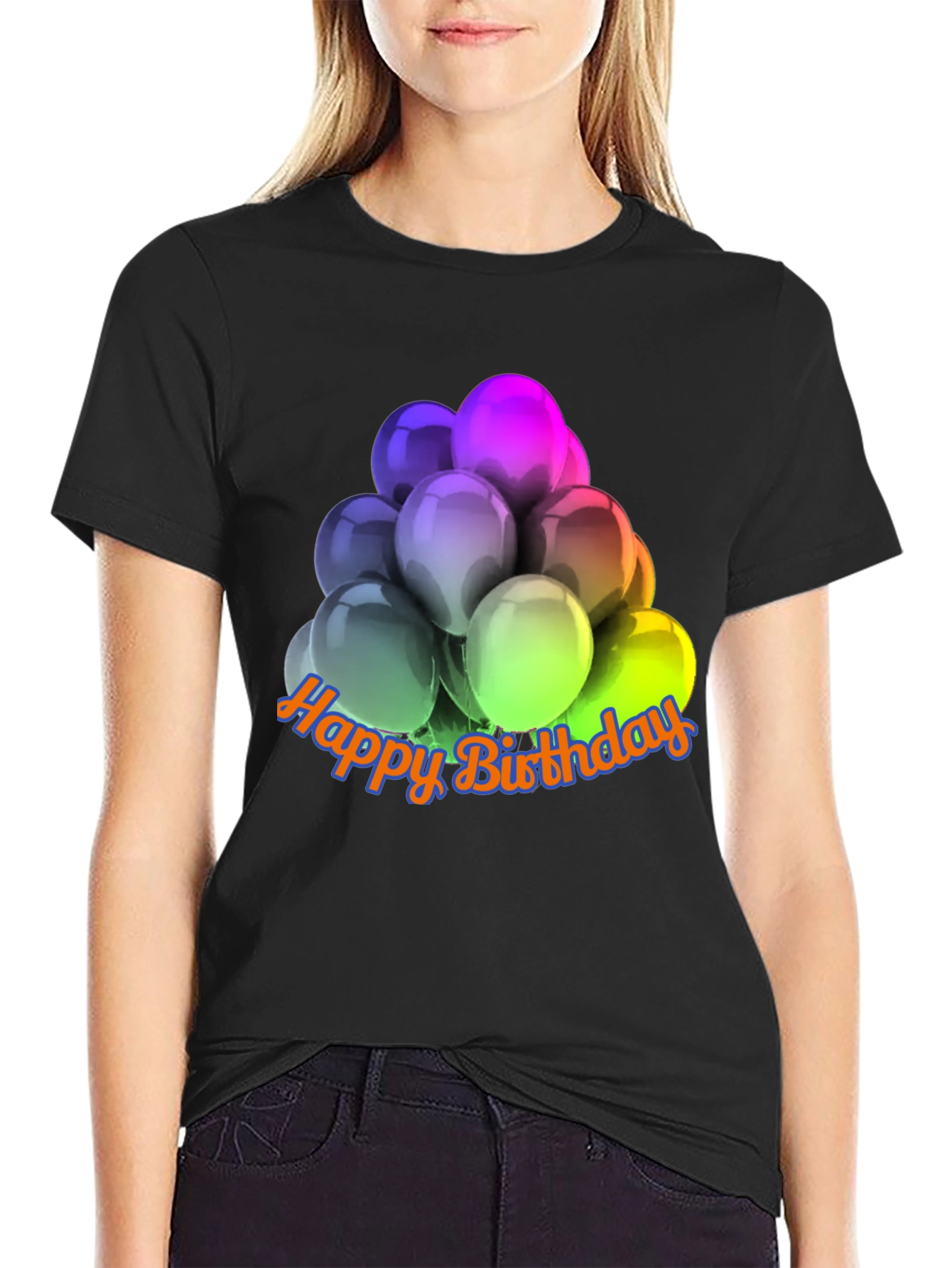 Black Happy Birthday Balloons Graphic T-Shirt view 2