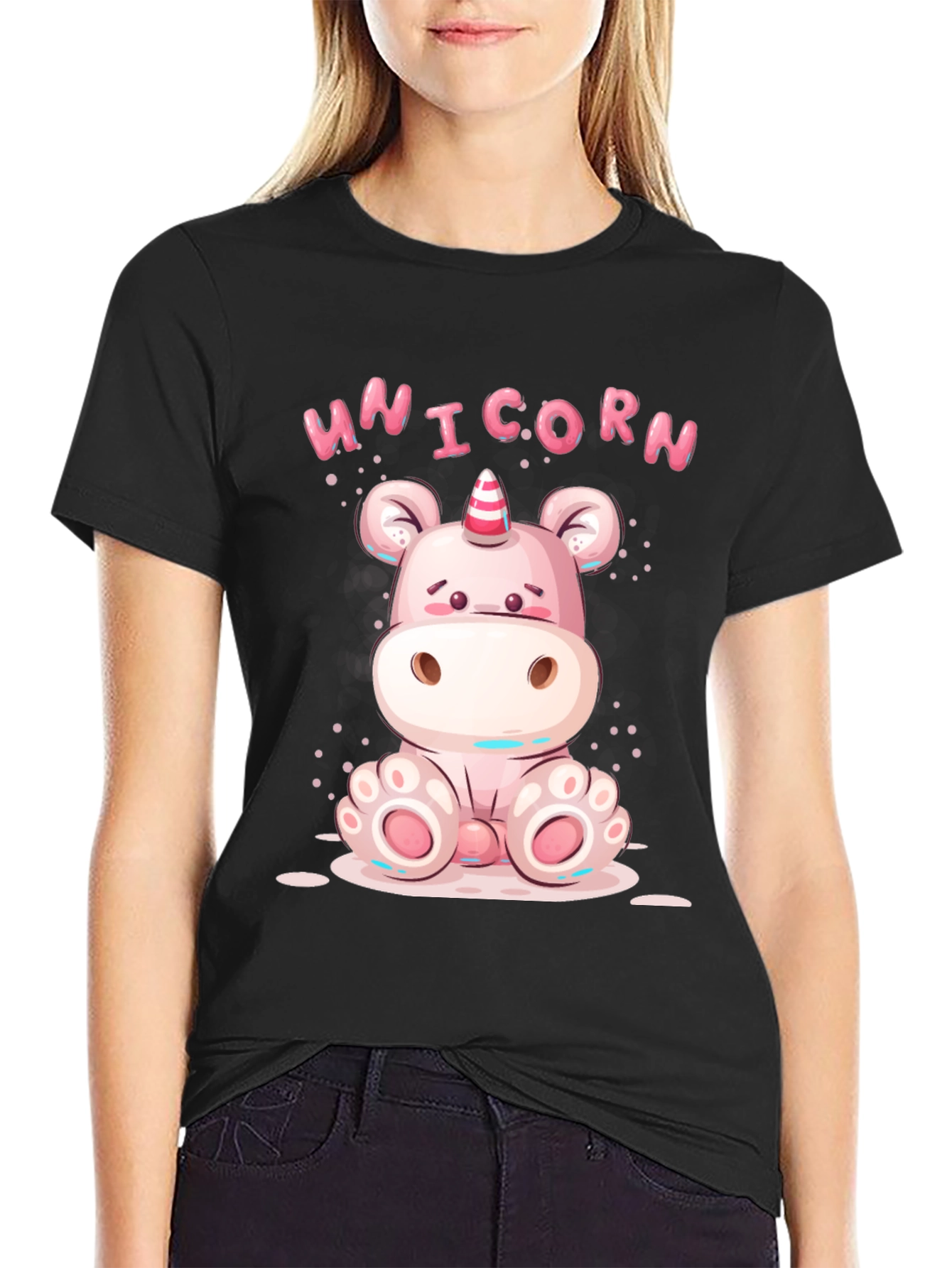 Black Cute Unicorn Cartoon Black T-Shirt view 2