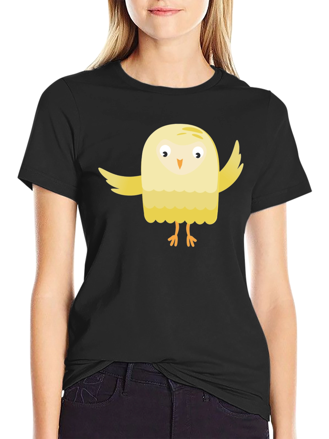 Black Cute Cartoon Bird Black T-Shirt view 2