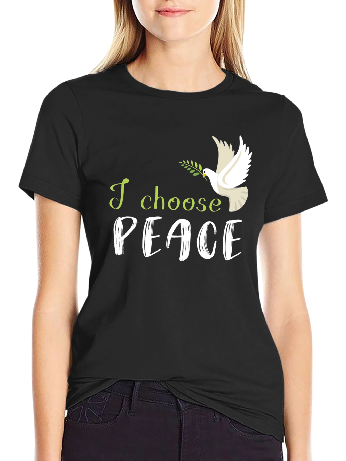 Black I Choose Peace T-Shirt: Dove with Olive Branch view 2