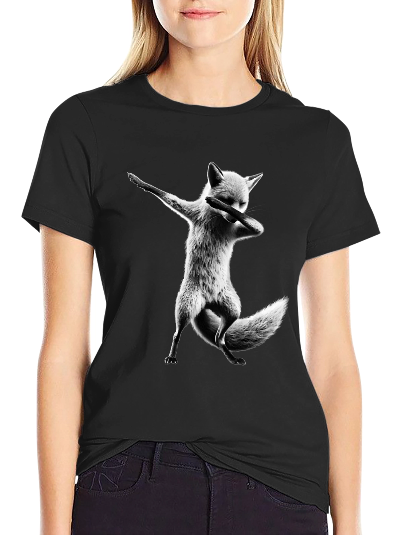 Black Dabbing Fox Graphic Tee - Black Cotton T-Shirt view 2