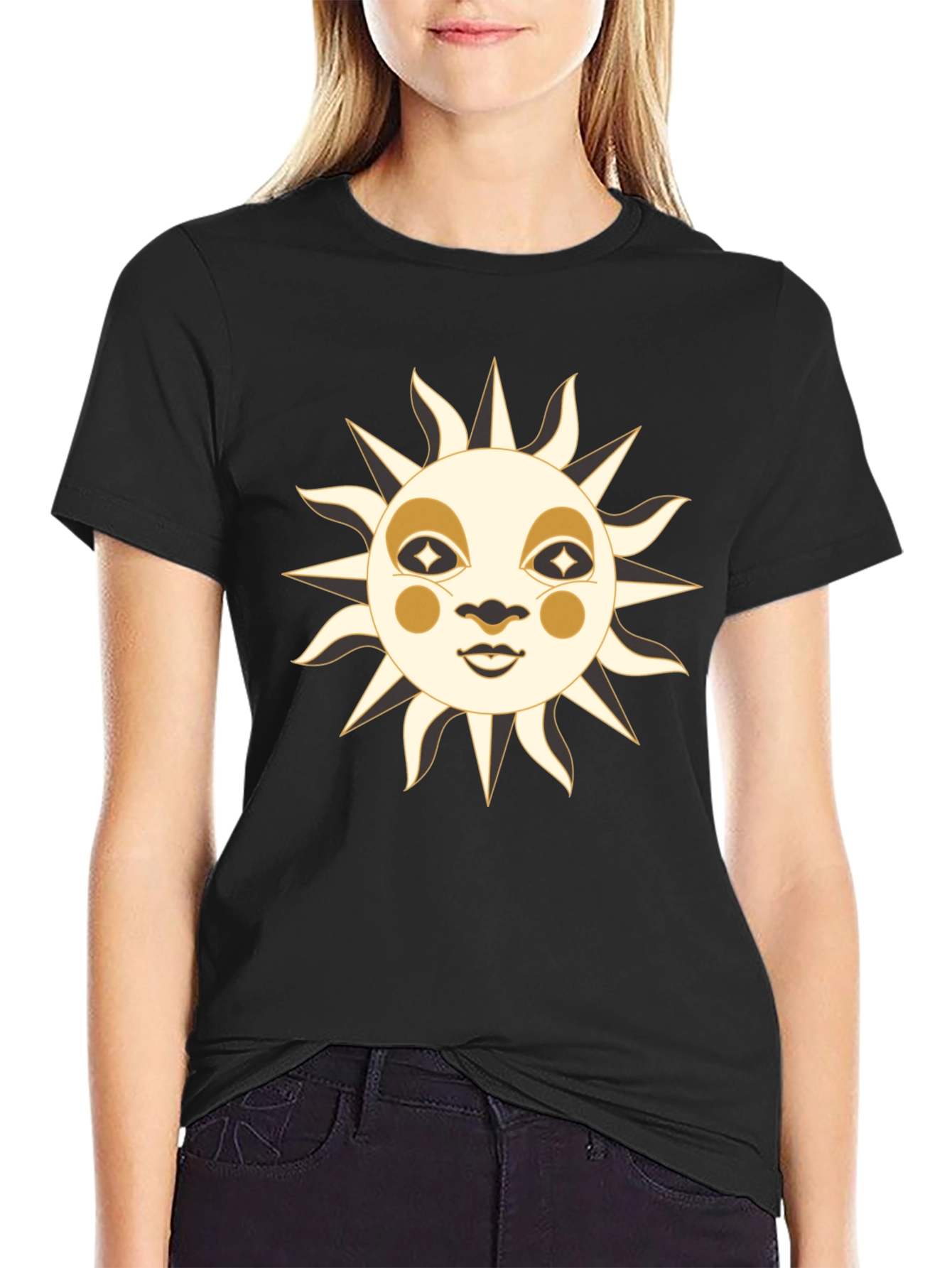 Black Celestial Sun Face Graphic T-Shirt view 2
