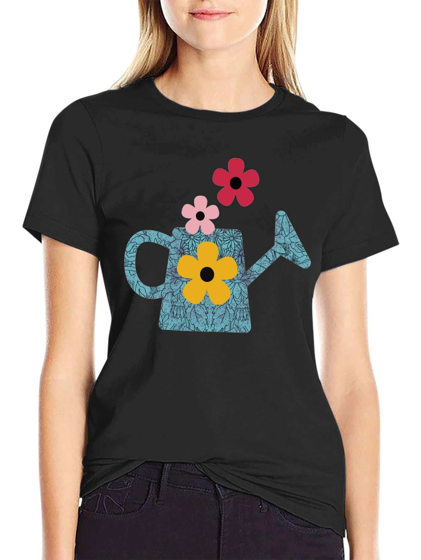 Black Watering Can Flower Graphic T-Shirt - Black view 2