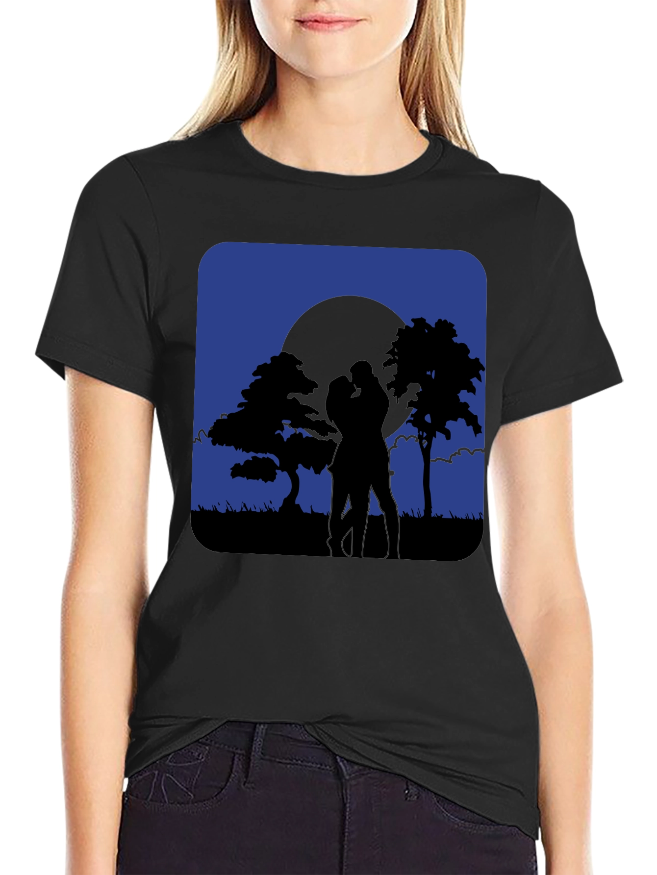 Black Romantic Moonlight Kiss Silhouette T-Shirt view 2