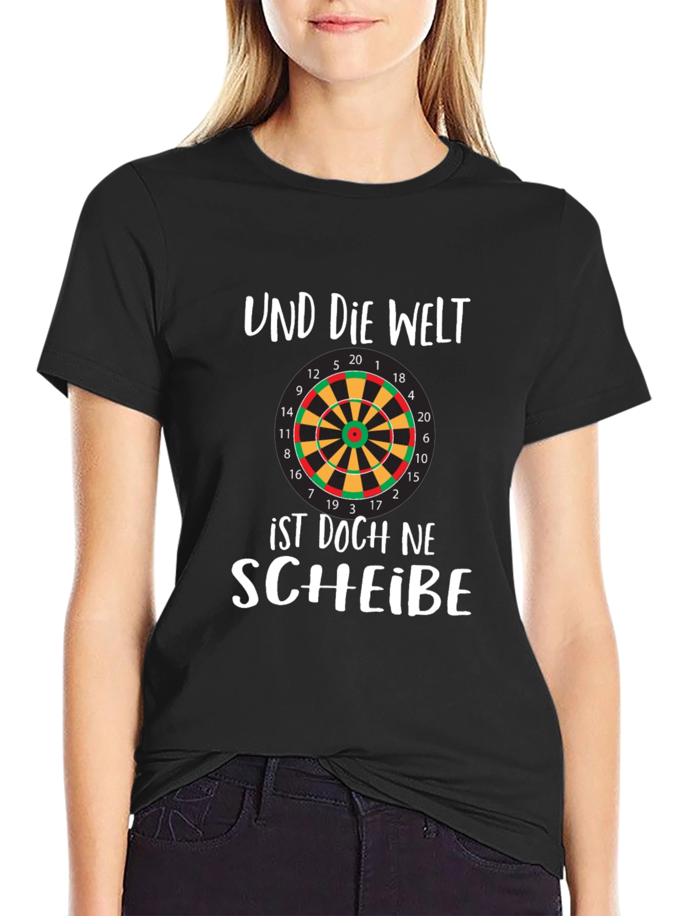 Black Humorous Dartboard T-Shirt - 'Und Die Welt' Design view 2