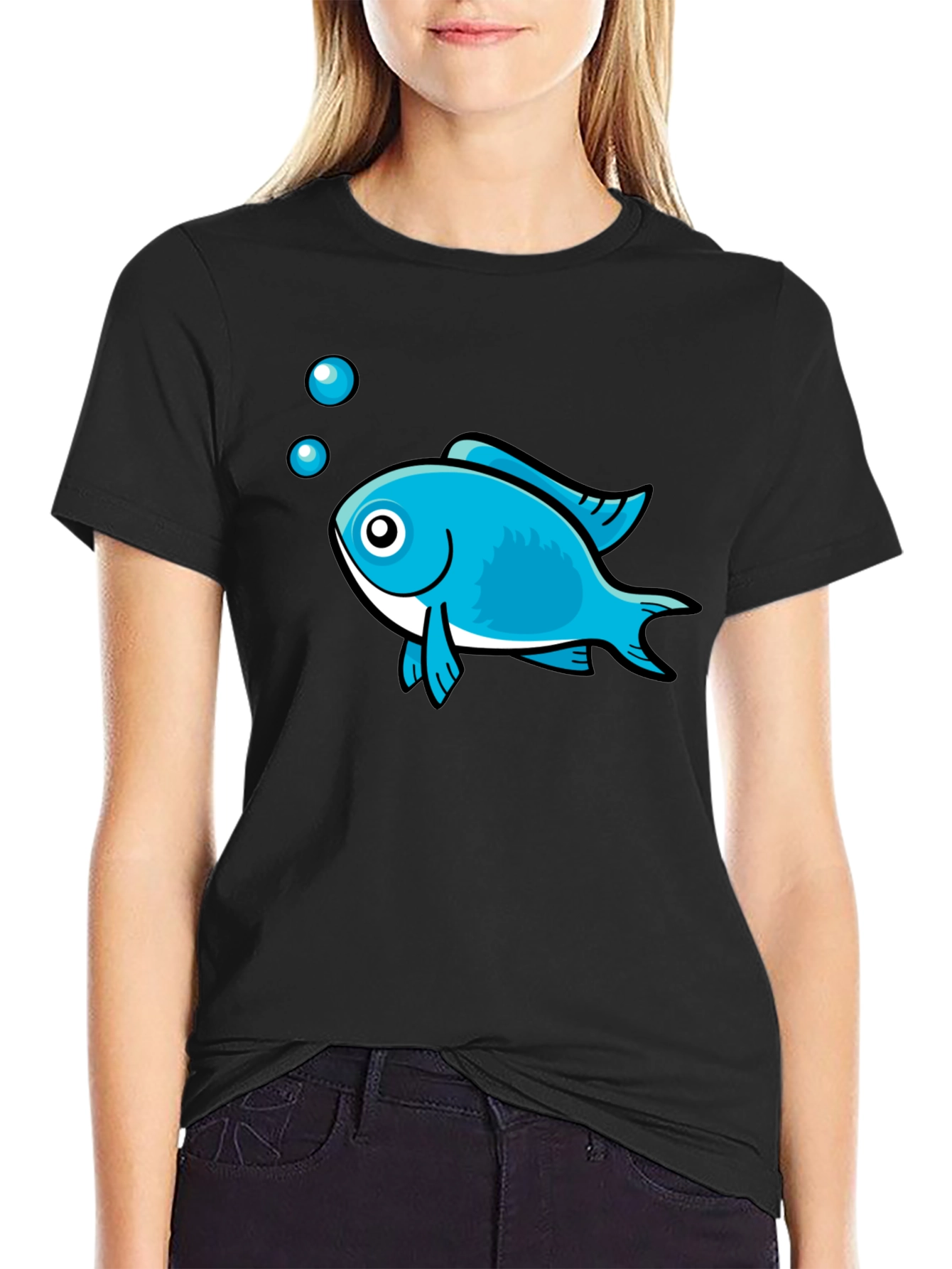 Black Blue Fish Graphic Black T-Shirt - Casual Style view 2