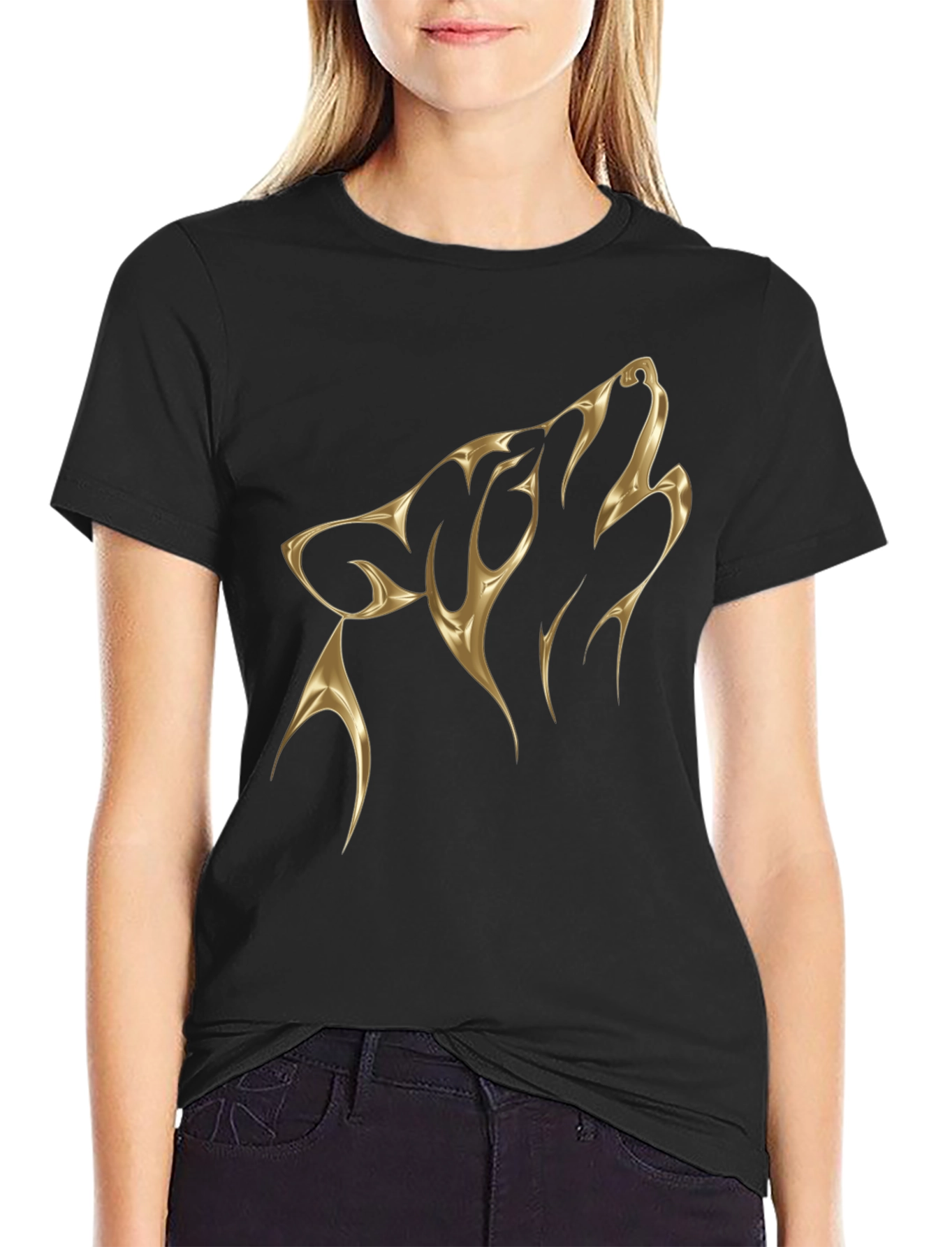 Black Men's Black T-Shirt with Golden Wolf Design view 2