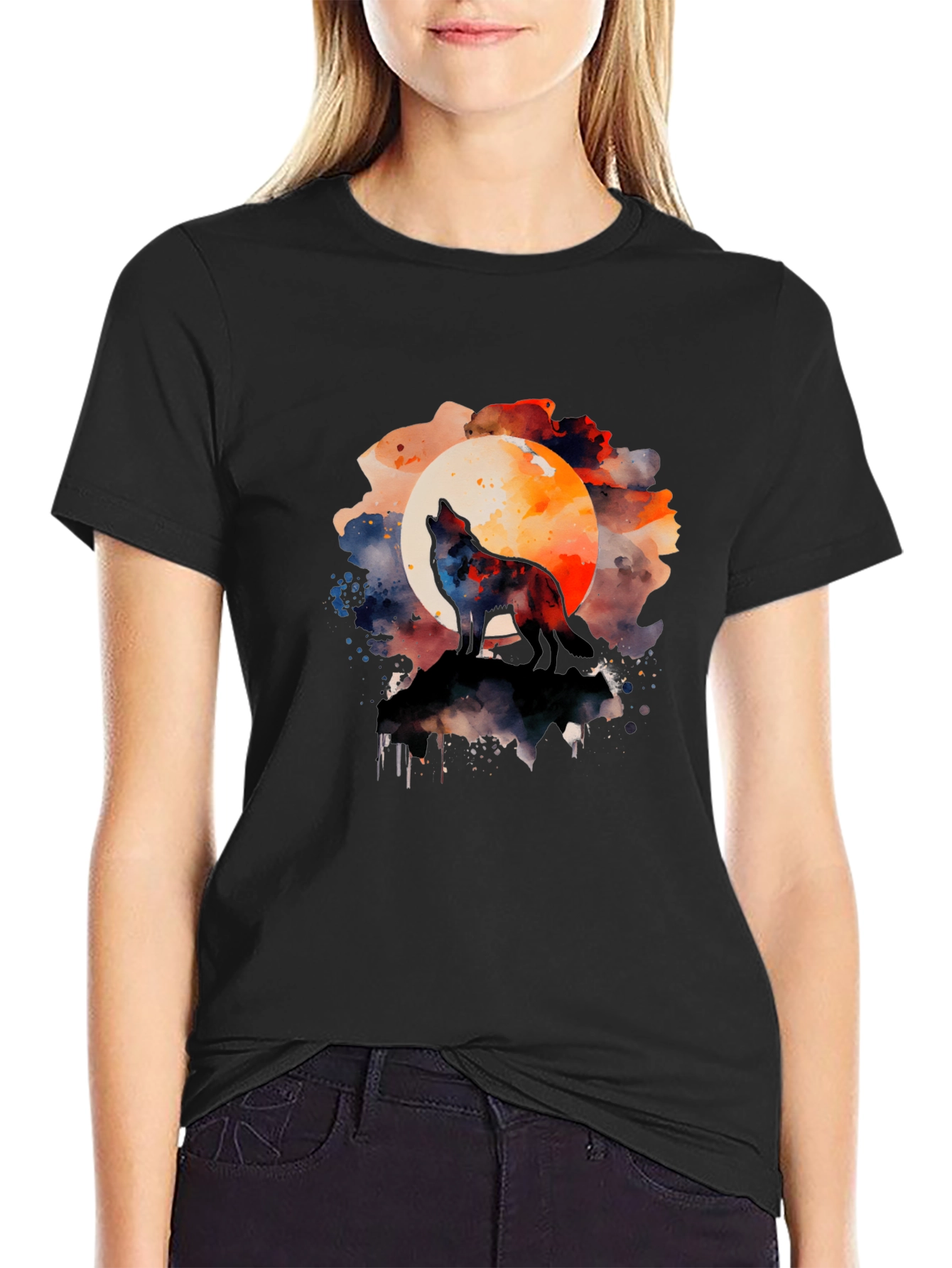 Black Wolf Howling Moon Watercolor Graphic Tee - Black view 2