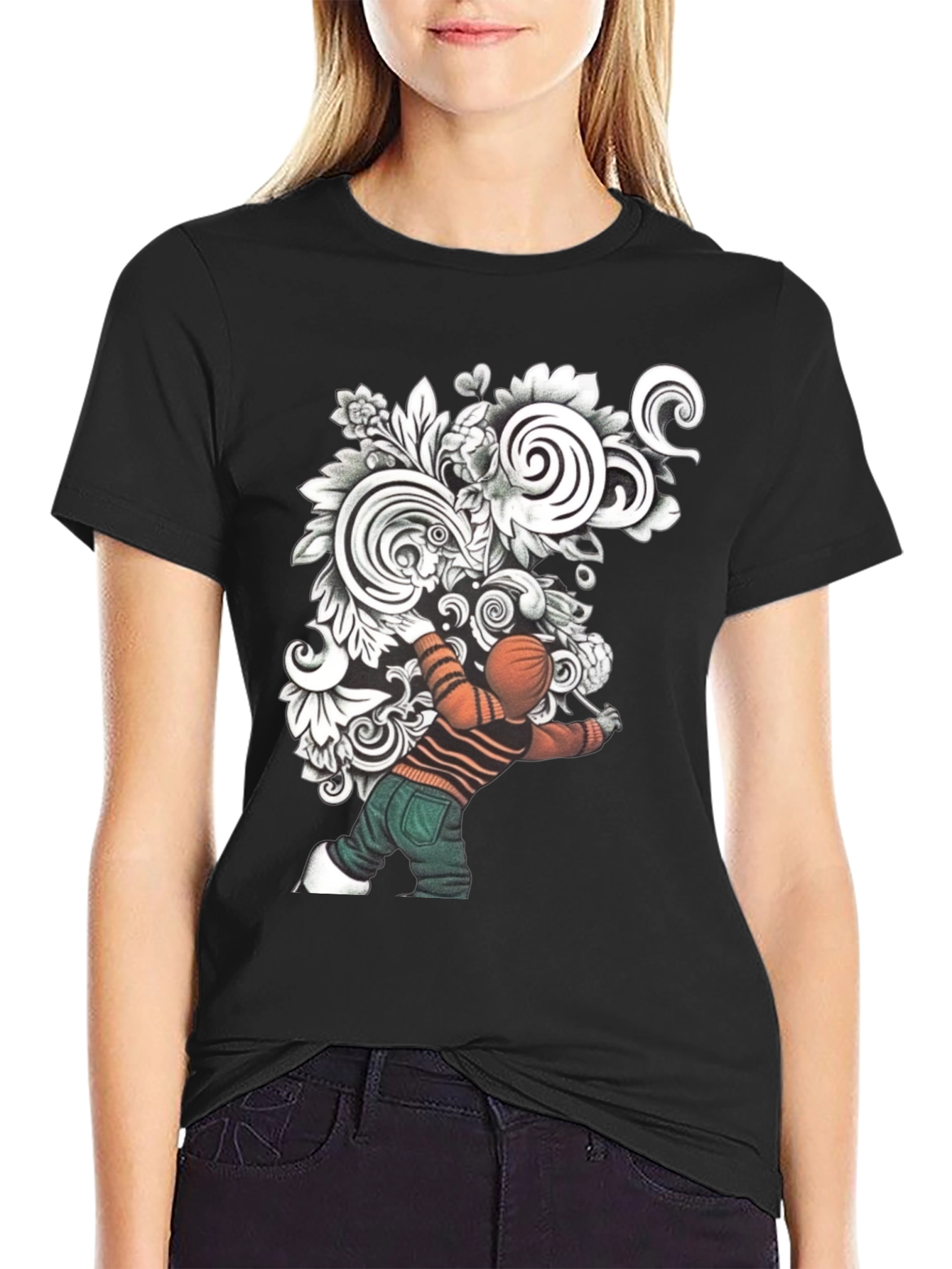 Black Unique Graphic Print Black T-Shirt view 2