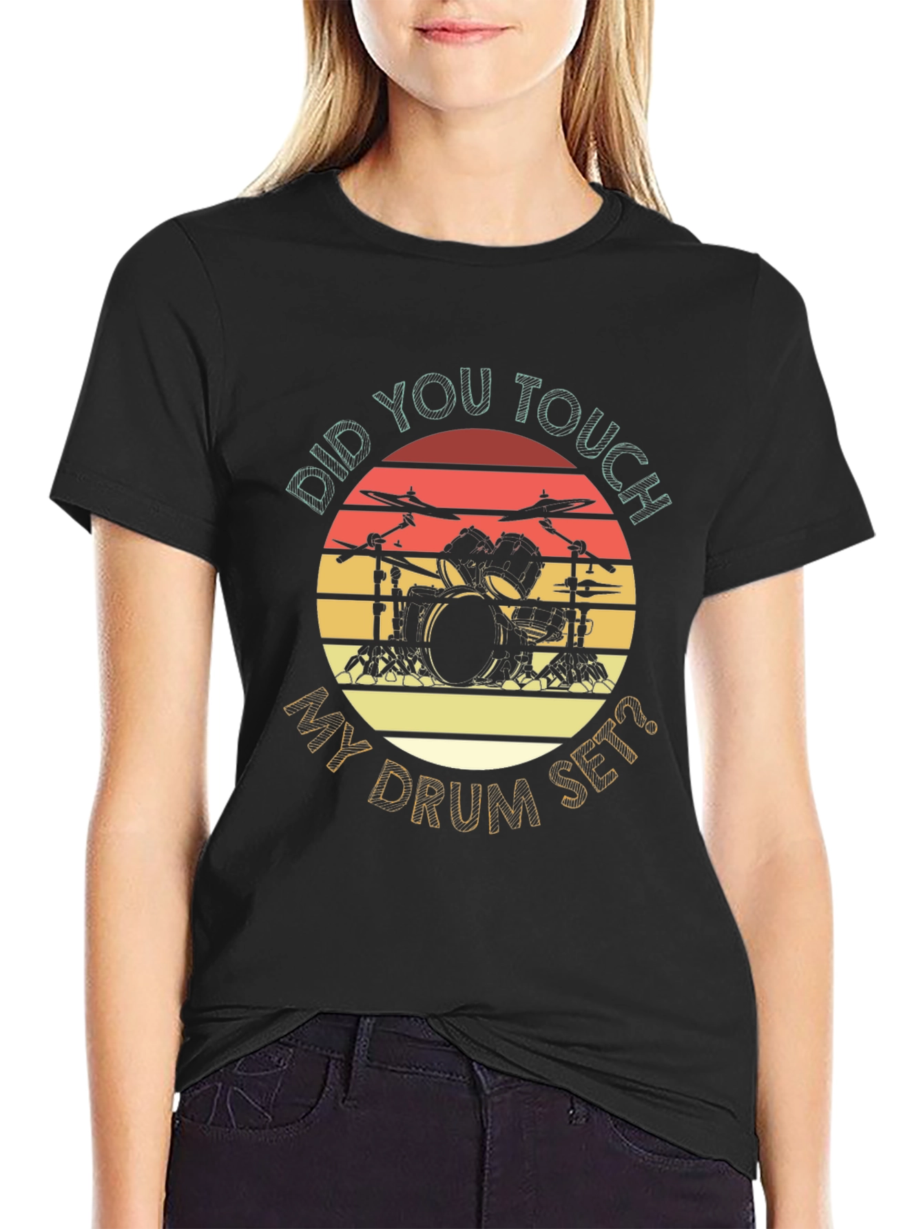 Black Retro Drum Set T-Shirt - Did You Touch My Drum Set? view 2