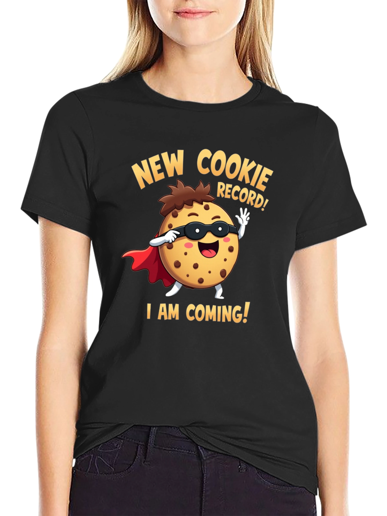 Black New Cookie Record Funny Cartoon Graphic T-Shirt view 2