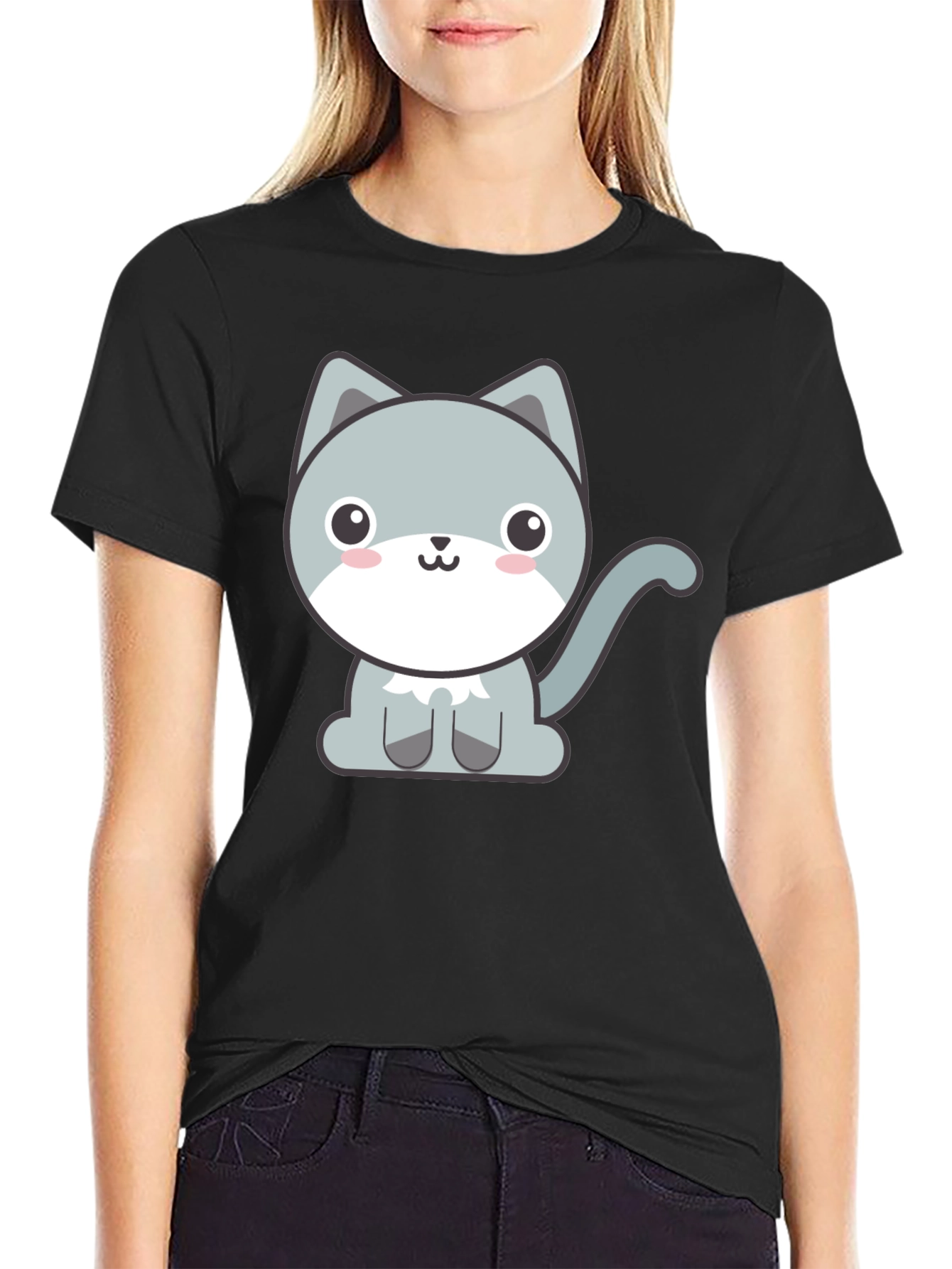 Black Cute Cartoon Cat Graphic Tee - Black T-Shirt view 2