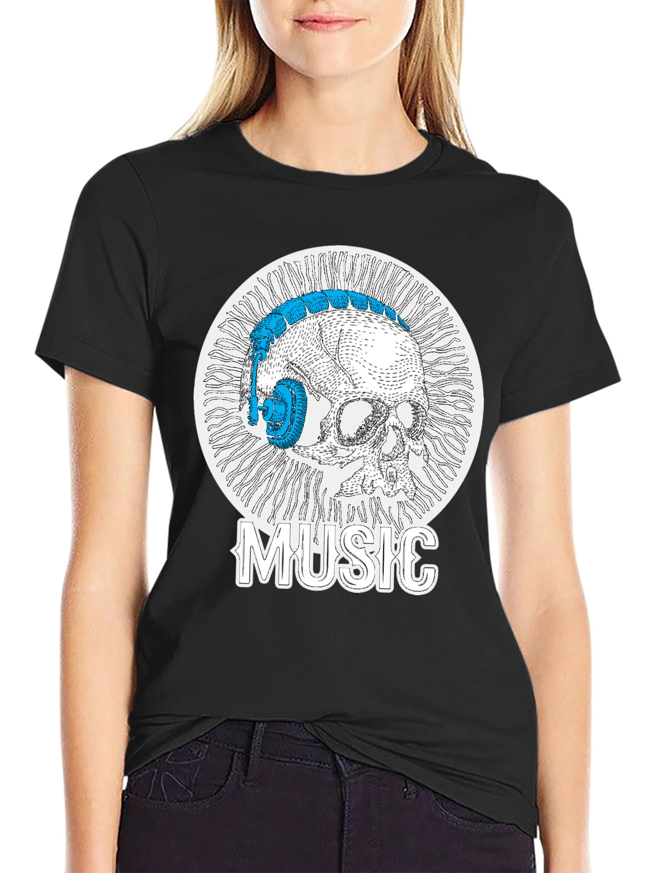 Black Skull Music Headphones T-Shirt - Cool Graphic Tee view 2