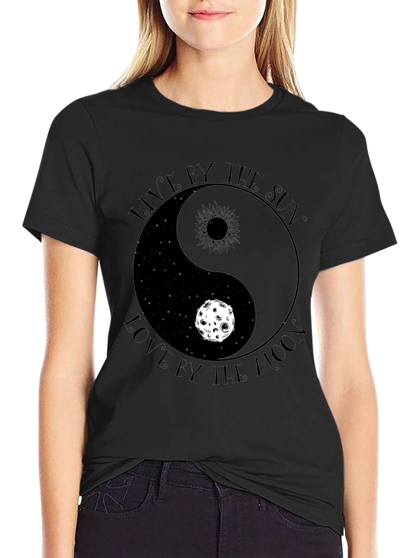 Black Yin Yang Sun & Moon Graphic Tee - Live & Love by the Stars view 2