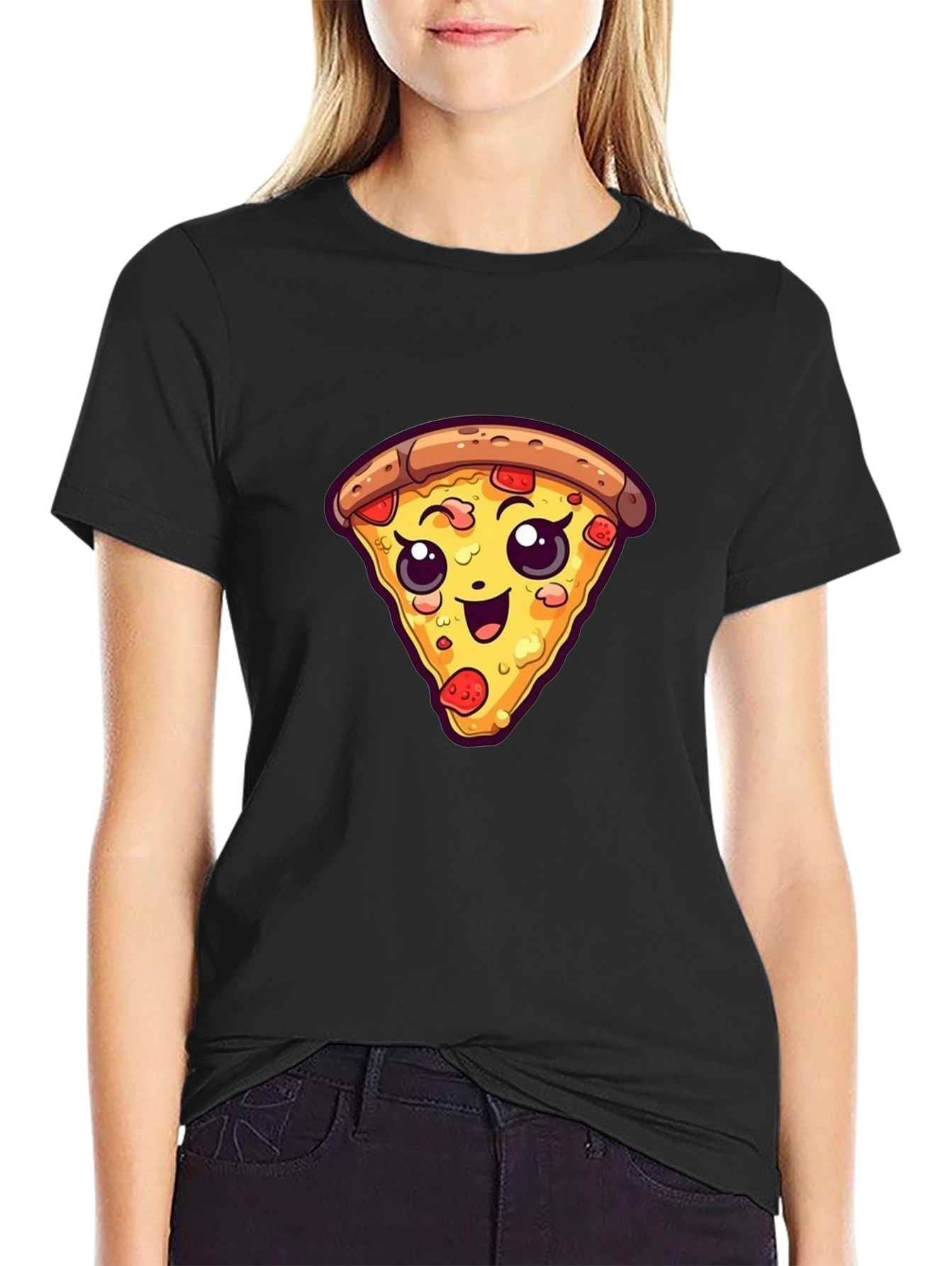 Black Cute Pizza Slice Graphic Tee - Black Unisex T-Shirt view 2