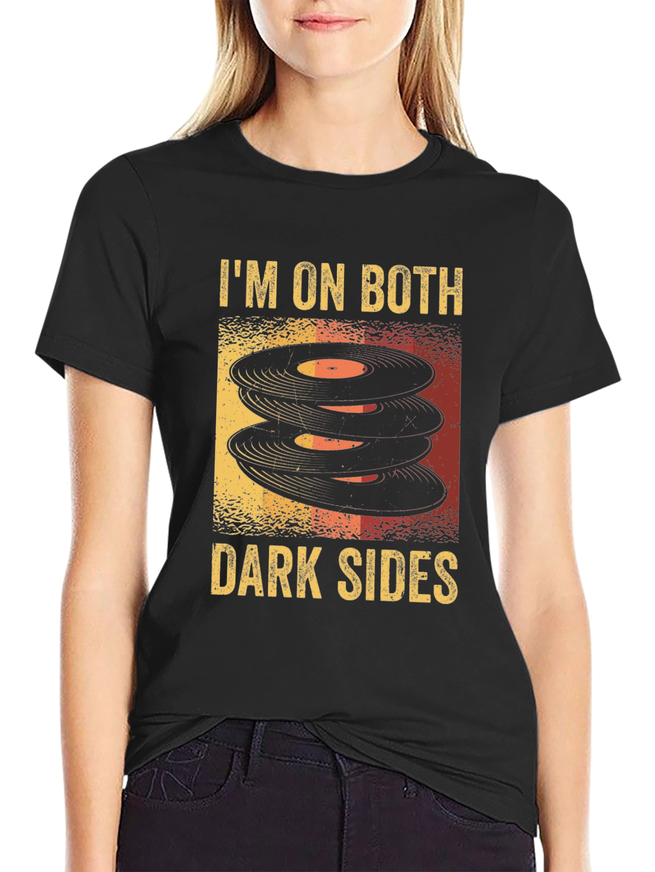 Black I'm On Both Dark Sides T-Shirt Vintage Record Vinyl Music Tee view 2