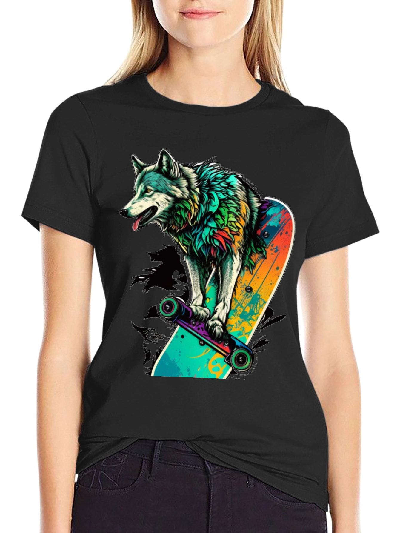 Black Wolf Skateboard Graphic Tee view 2
