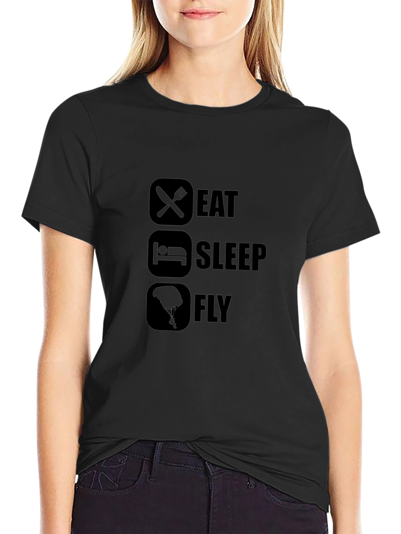 Black Eat Sleep Fly Graphic Tee - Black Cotton Casual T-Shirt view 2