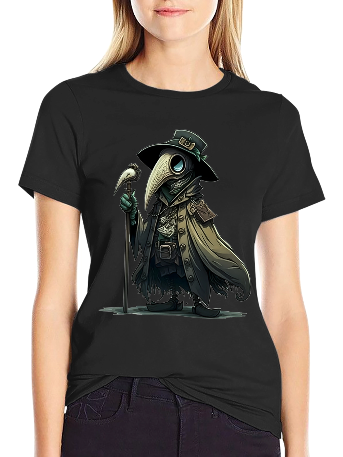 Black Plague Doctor Cartoon Graphic T-Shirt view 2