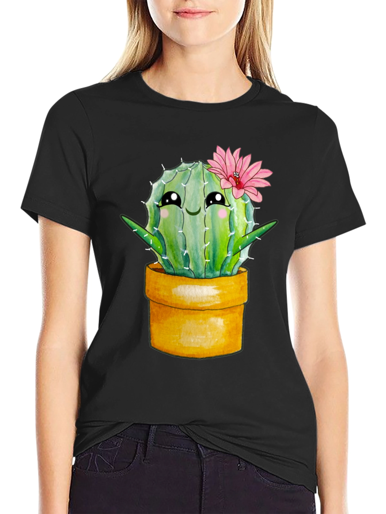 Black Cute Cactus Potted Plant Graphic Tee view 2