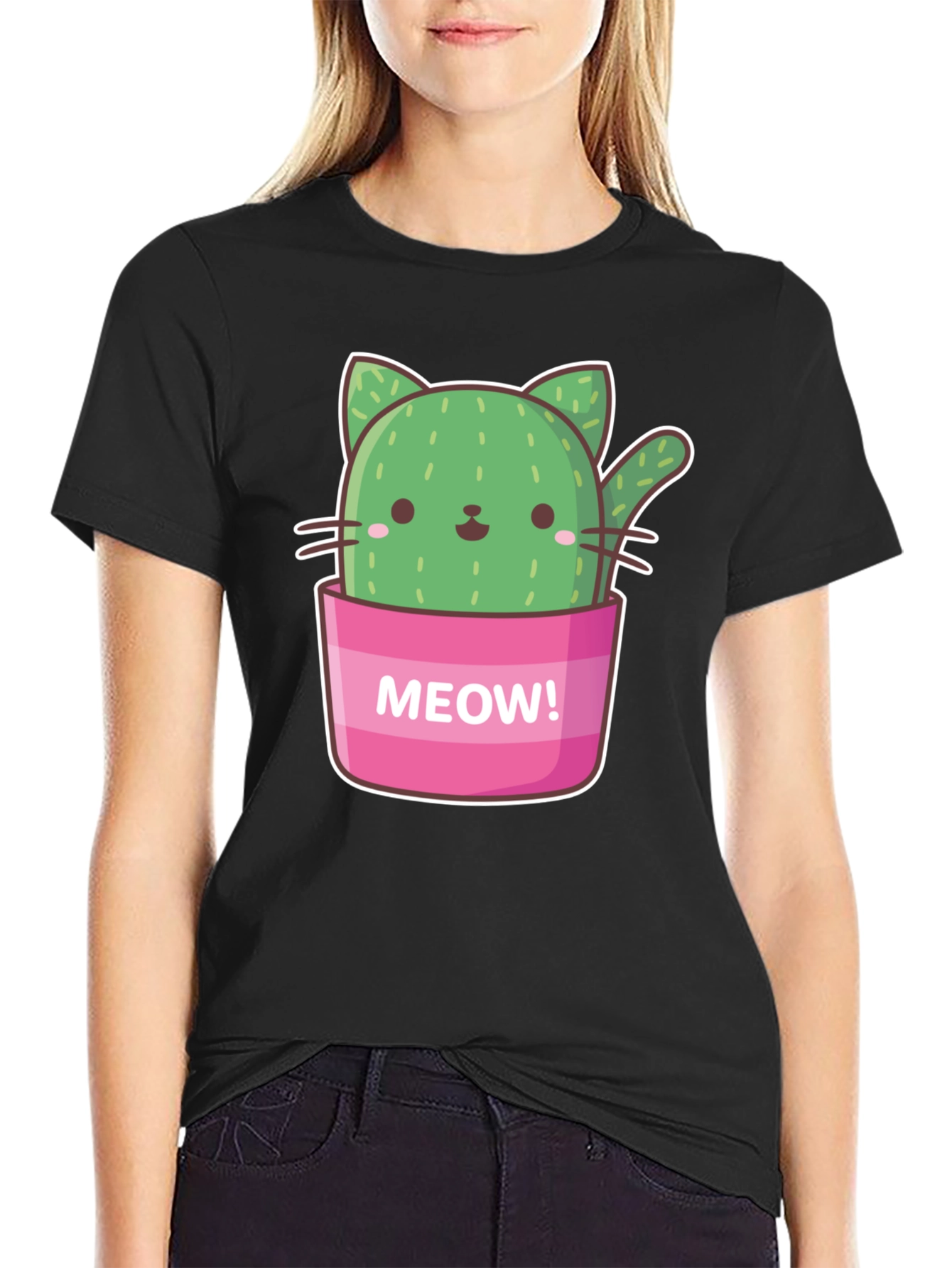 Black Cactus Cat Graphic T-Shirt - "Meow!" Design view 2