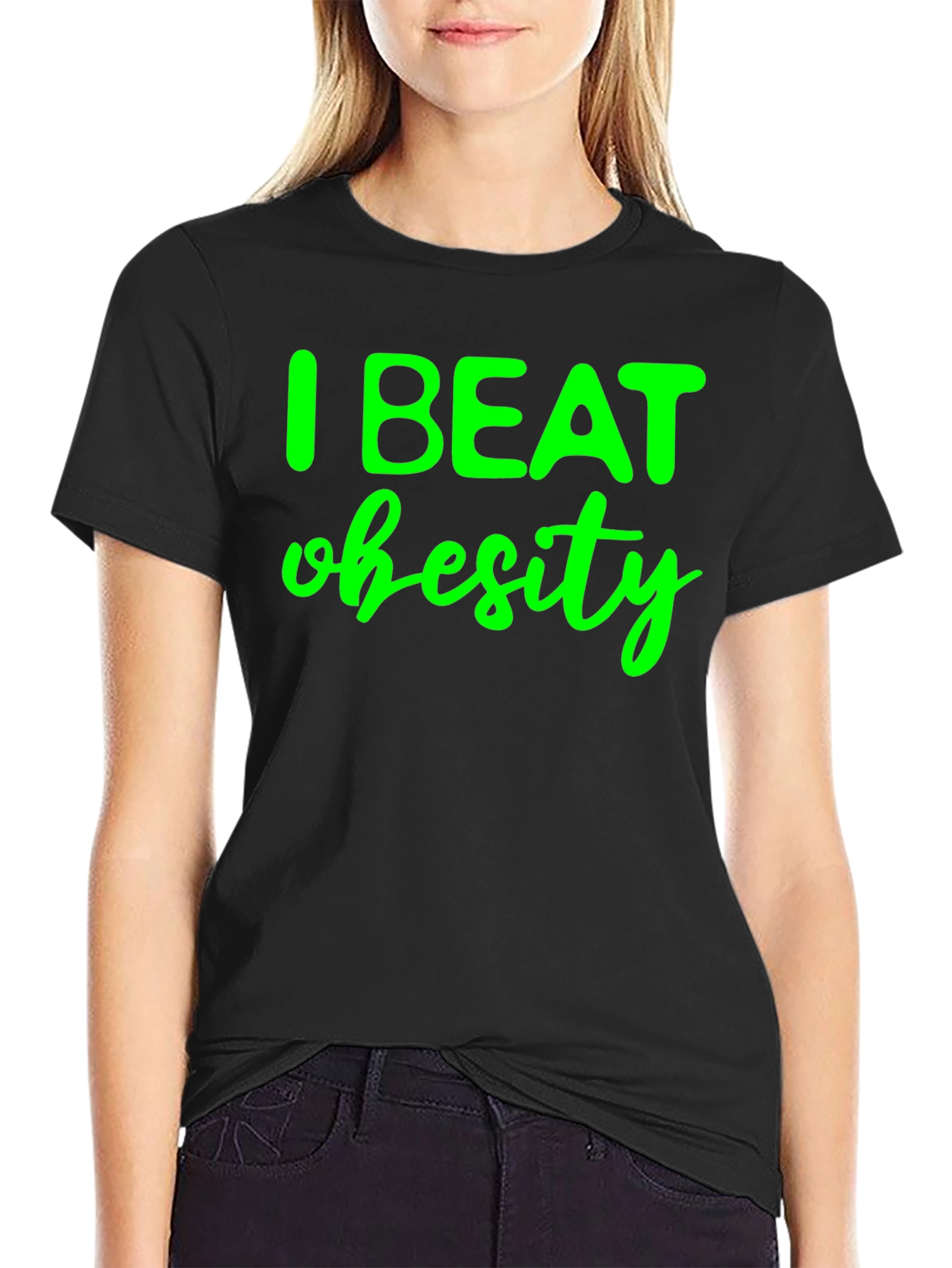 Black I Beat Obesity Black T-Shirt view 2