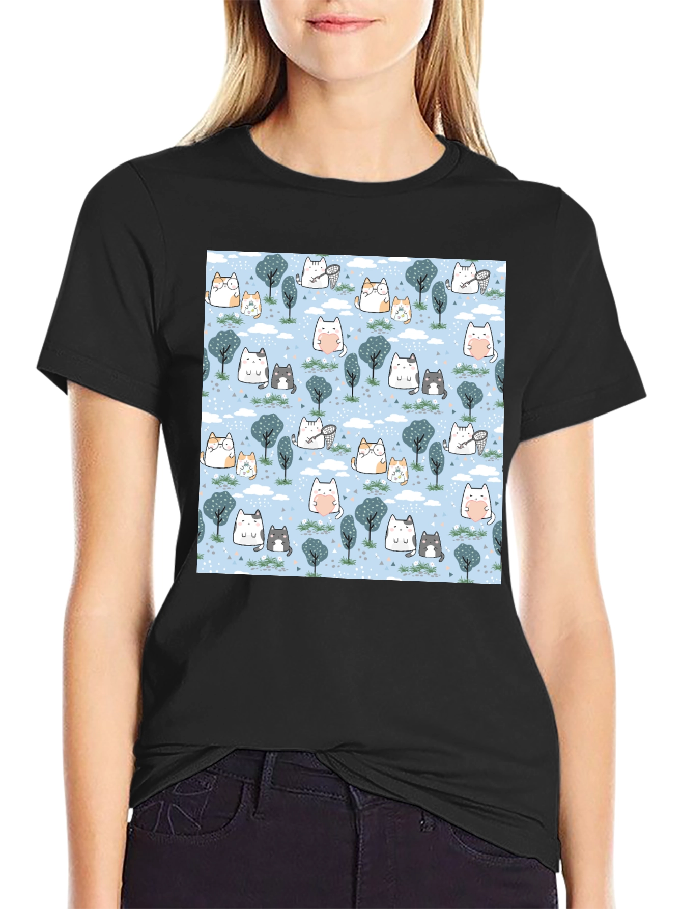 Black Cute Cat & Tree Print T-Shirt view 2