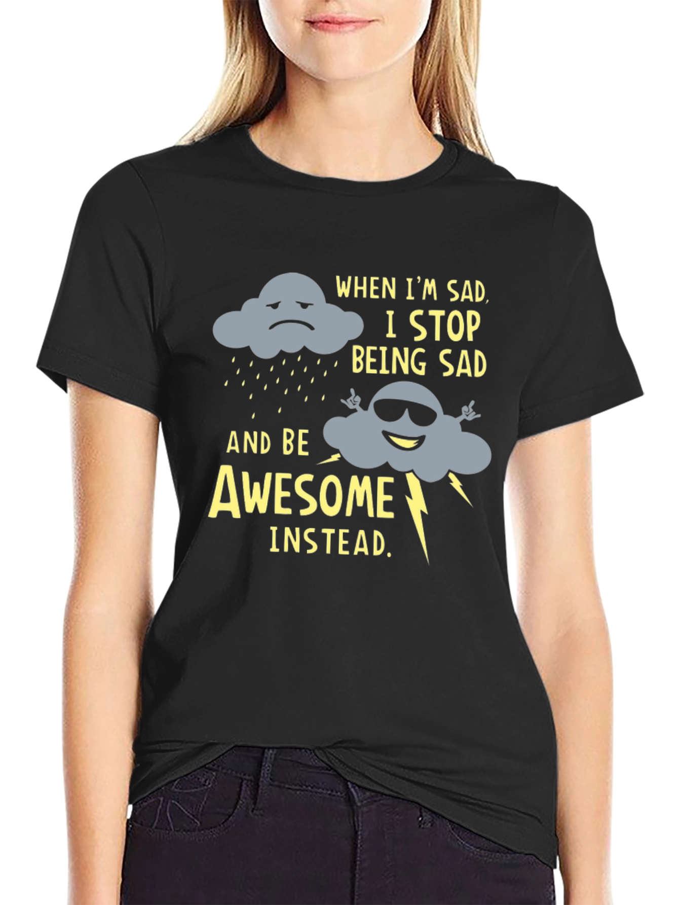Black Funny Graphic Tee: Sad Cloud to Awesome Cloud view 2