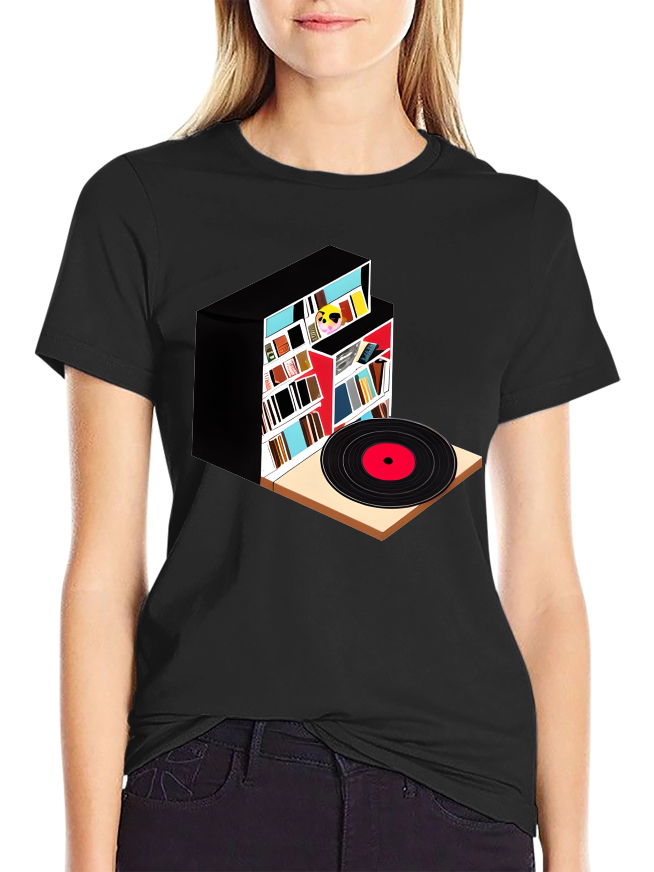 Black Bookcase and Vinyl Record T-Shirt view 2