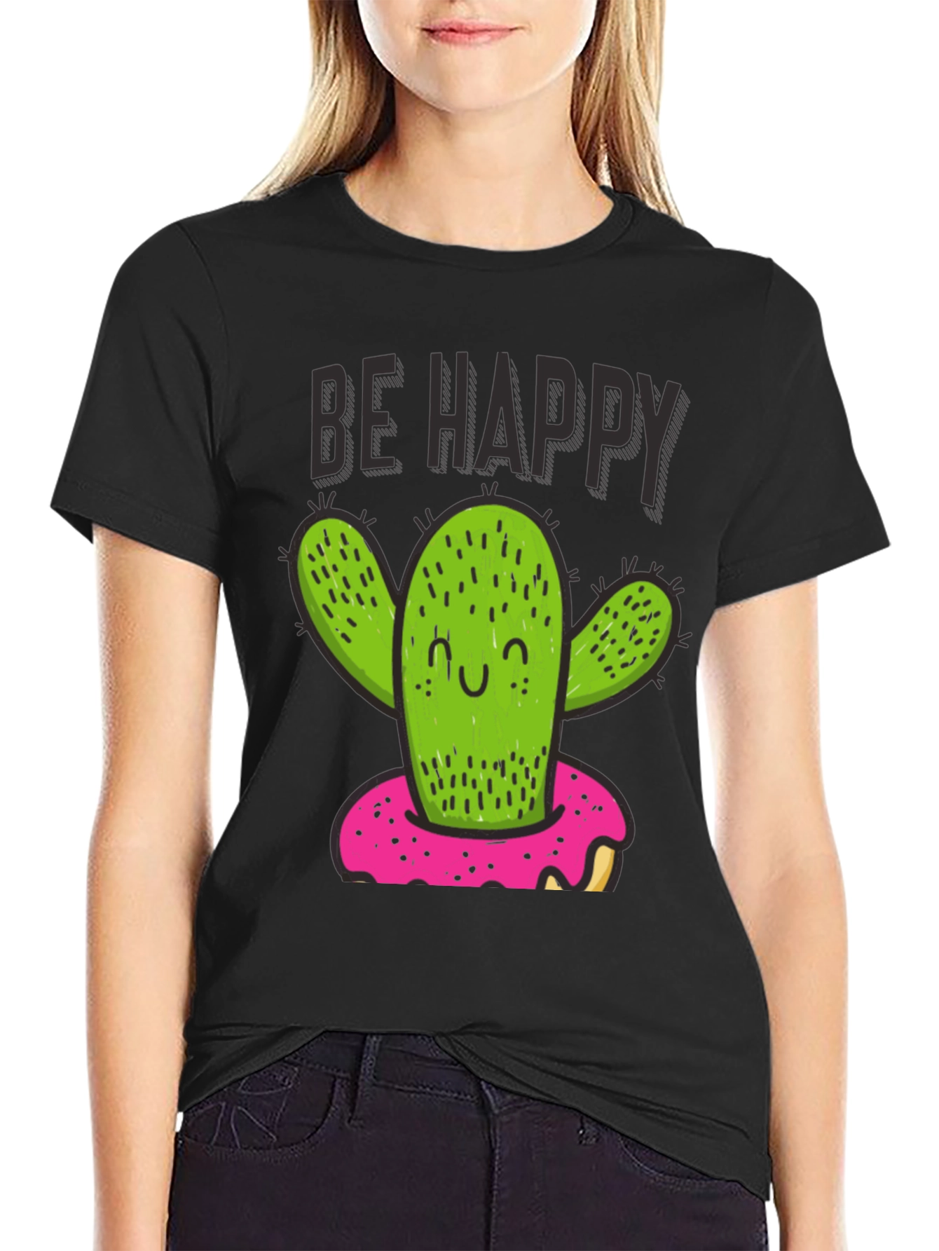 Black Be Happy Cactus Doughnut Graphic T-Shirt view 2