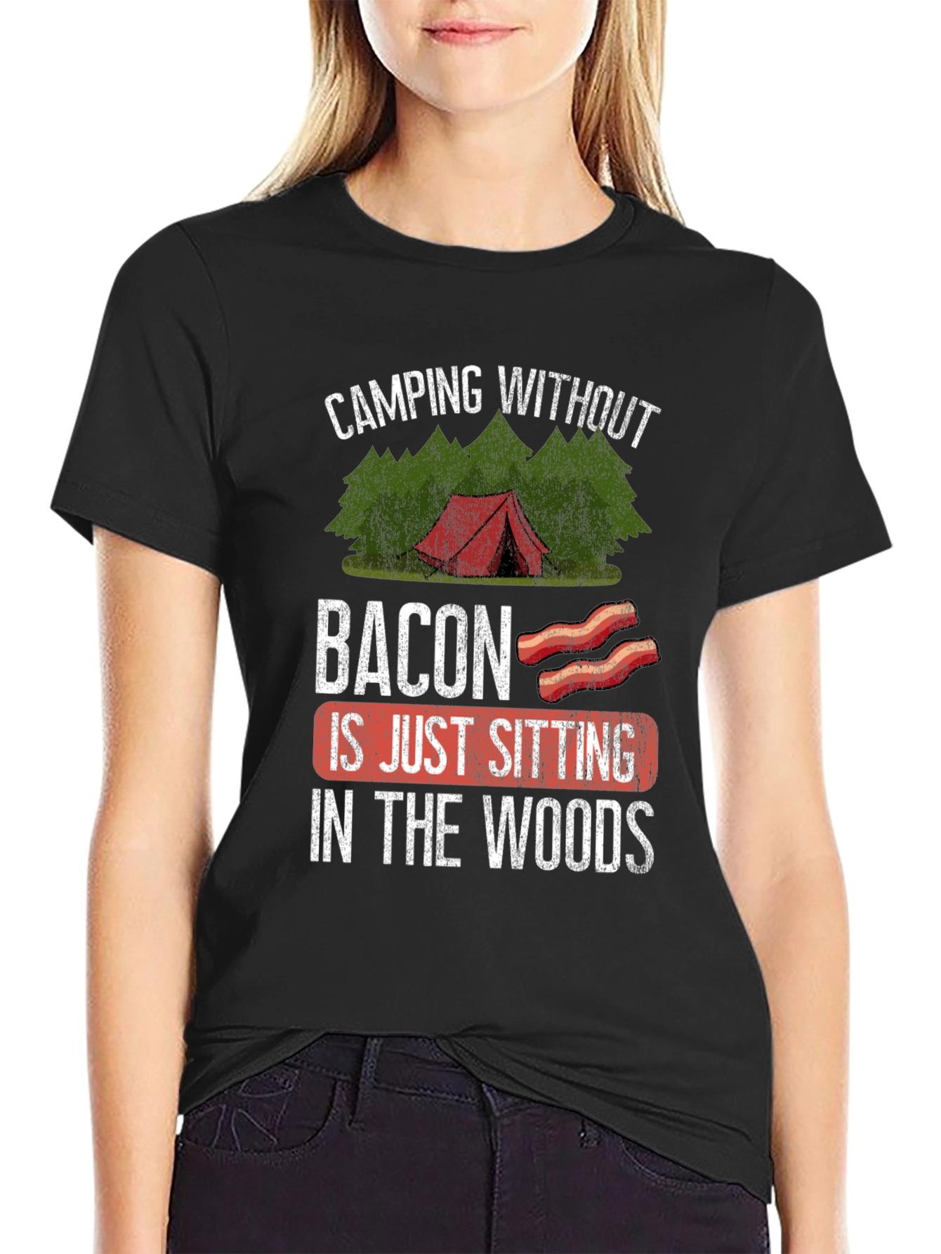 Black Camping Without Bacon Graphic T-Shirt view 2