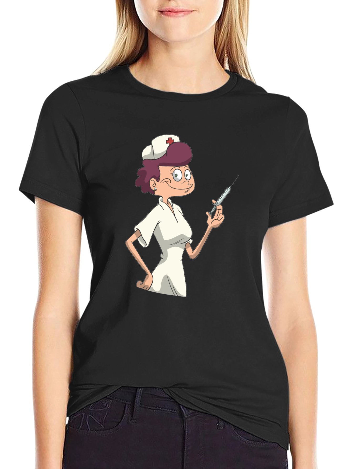 Black Nurse Cartoon Graphic T-Shirt - Black Casual Tee view 2