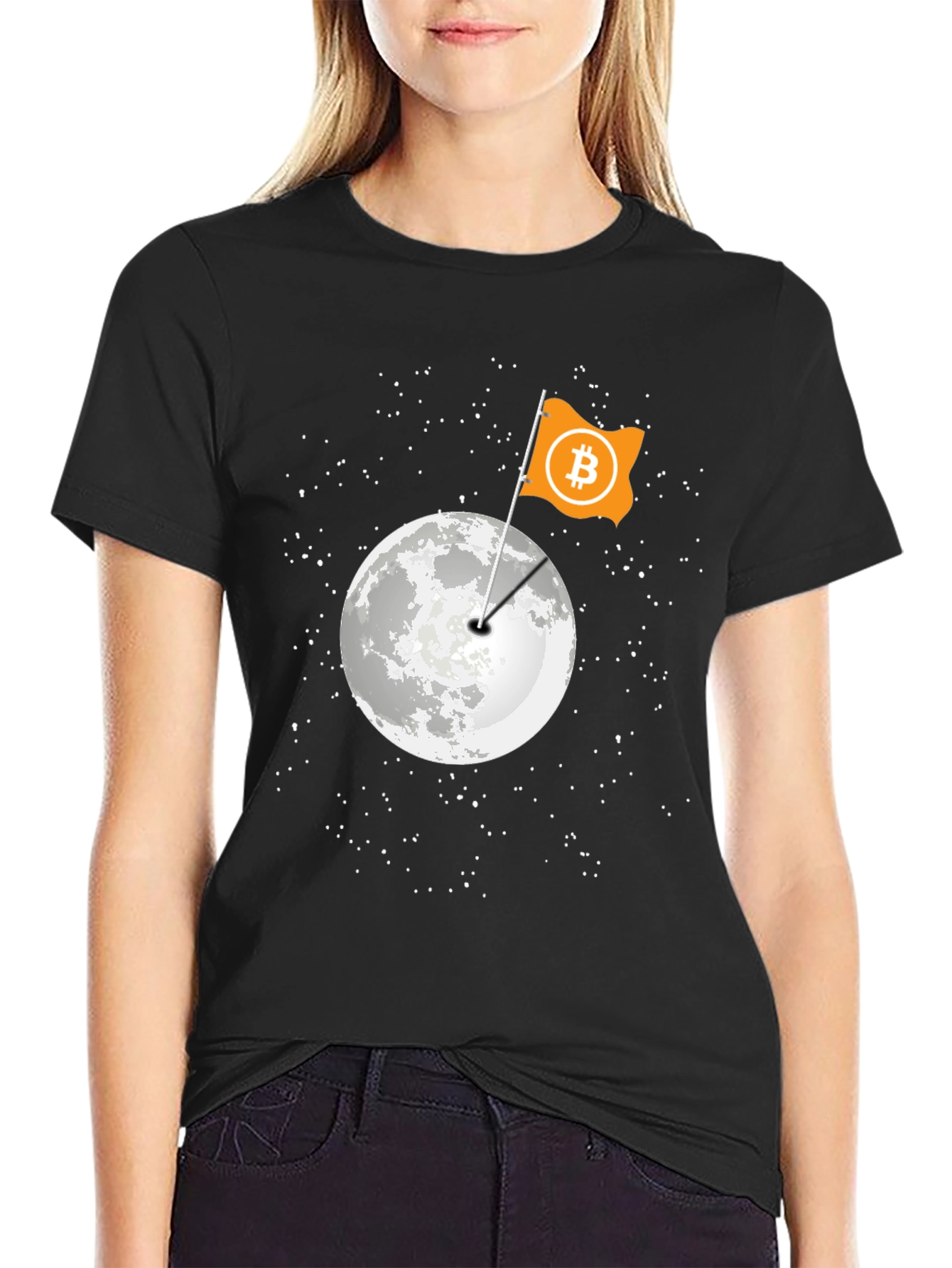 Black Bitcoin Moon Landing Black T-Shirt view 2