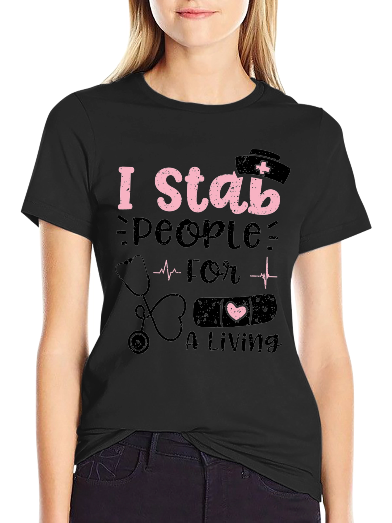Black Nurse Humor T-Shirt - I Stab People For A Living view 2